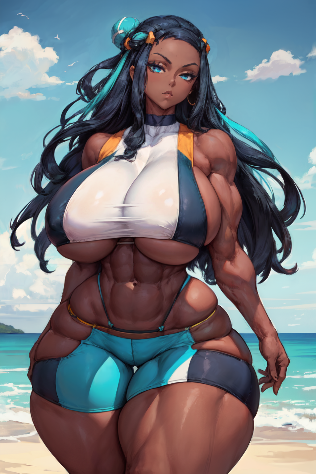 1girls abs ai_generated alternate_body_type alternate_breast_size barely_contained_breasts beach biceps big_breasts black_hair blue_eyes blue_hair breasts buff bursting_breasts busty busty_buff child_bearing_hips crop_top curvaceous curvy curvy_body curvy_female curvy_figure dark-skinned_female dark_skin earrings exposed_shoulders female female_only huge_breasts human human_characters_in_pok&eacute;mon jewelry large_breasts long_hair midriff muscles muscular muscular_female navel nessa_(pokemon) outdoors outside pokemon pokemon_ss shorts sideboob sleeveless solo solo_female stable_diffusion standing stretched_clothing taller_girl tampopo thick thick_legs thick_thighs tight_clothing two_tone_hair underboob undersized_clothes wide_hips