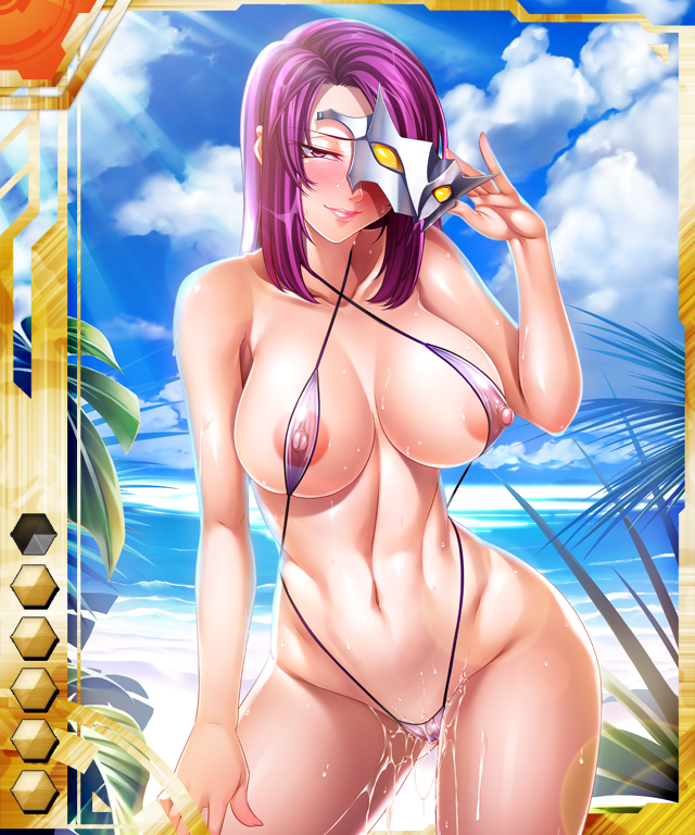 blush blushing breasts erect_nipples erect_nipples_under_bikini erect_nipples_under_clothes erect_nipples_under_swimsuit kagami_hirotaka koukawa_oboro large_breasts lilith-soft mask nipples nipples_visible_through_clothing purple_eyes purple_hair pussy_juice pussy_juice_drip pussy_juice_trail sling_bikini swimsuit taimanin_asagi taimanin_asagi_battle_arena taimanin_asagi_battle_arena_all_card_gallery transparent_bikini transparent_clothing transparent_swimsuit