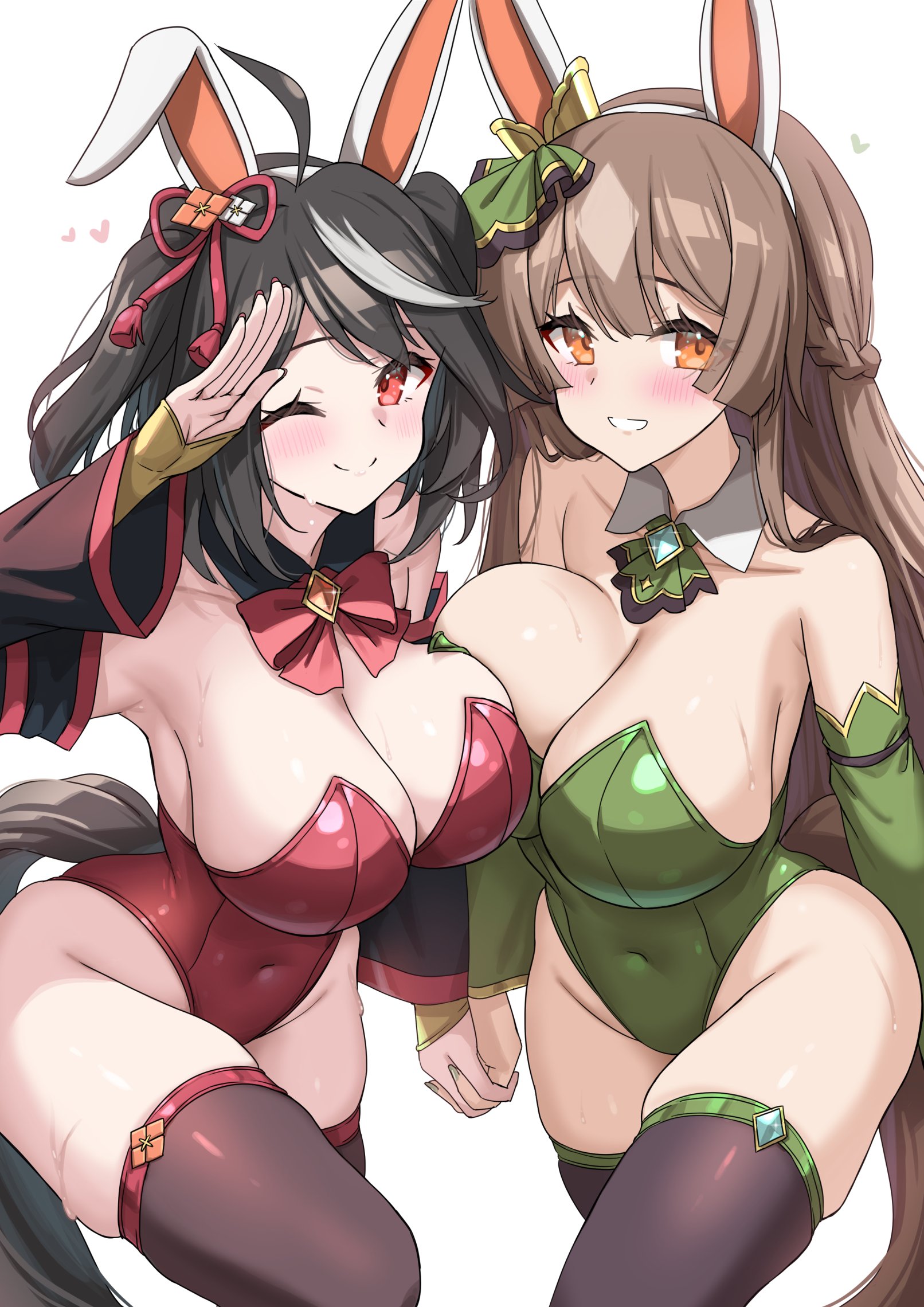 2girls, armpits, ass, big breasts, black hair, blush, breasts, brown hair, bunny ears, bunny girl, bunnysuit, heart, holding hands, horse, horse girl, horse tail, hot, kibihimi, kitasan black (umamusume), looking at viewer, missing ear, one eye closed, orange eyes, red eyes, satono diamond (umamusume), shaved armpit, sleeves, sweat, sweatdrop, thick thighs, thighs, umamusume, umamusume pretty derby, yuri