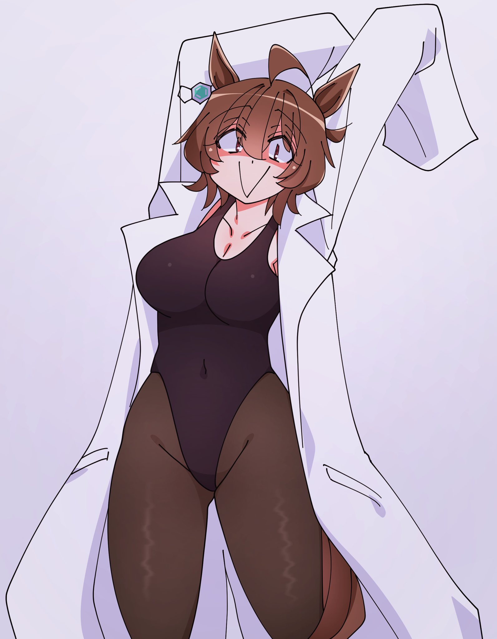 :>, 1girls, 2026, agnes tachyon (umamusume), animal ears, arms up, big breasts, breasts, brown hair, clothed, clothing, color, colored, curvy, curvy female, curvy figure, digital media (artwork), female, female only, front view, hi res, kaijin debeso, legs, legwear, light skin, light-skinned female, looking at viewer, pantyhose, red eyes, simple background, smile, solo, stomach, tail, thick thighs, thighs, umamusume, umamusume pretty derby, white background