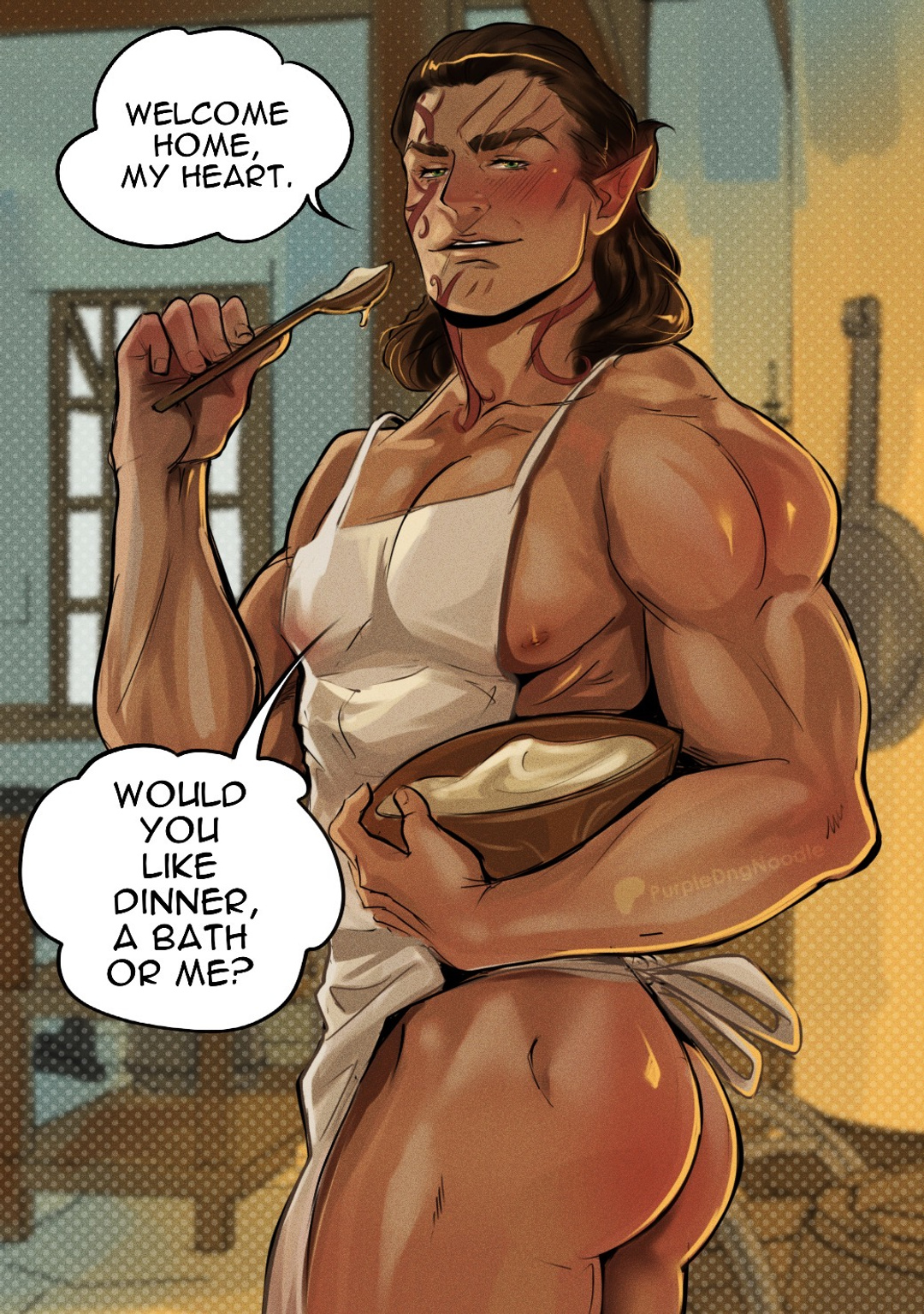 apron, ass, baldur's gate 3, bara, big ass, big butt, big pecs, bubble ass, bubble butt, dat ass, dat butt, elf ears, fat ass, fat butt, gay, halsin, huge ass, huge butt, large ass, large butt, larian studios, male, male only, muscular, muscular male, purpledngnoodle, round ass, round butt, showing ass, solo, thick ass, thick butt