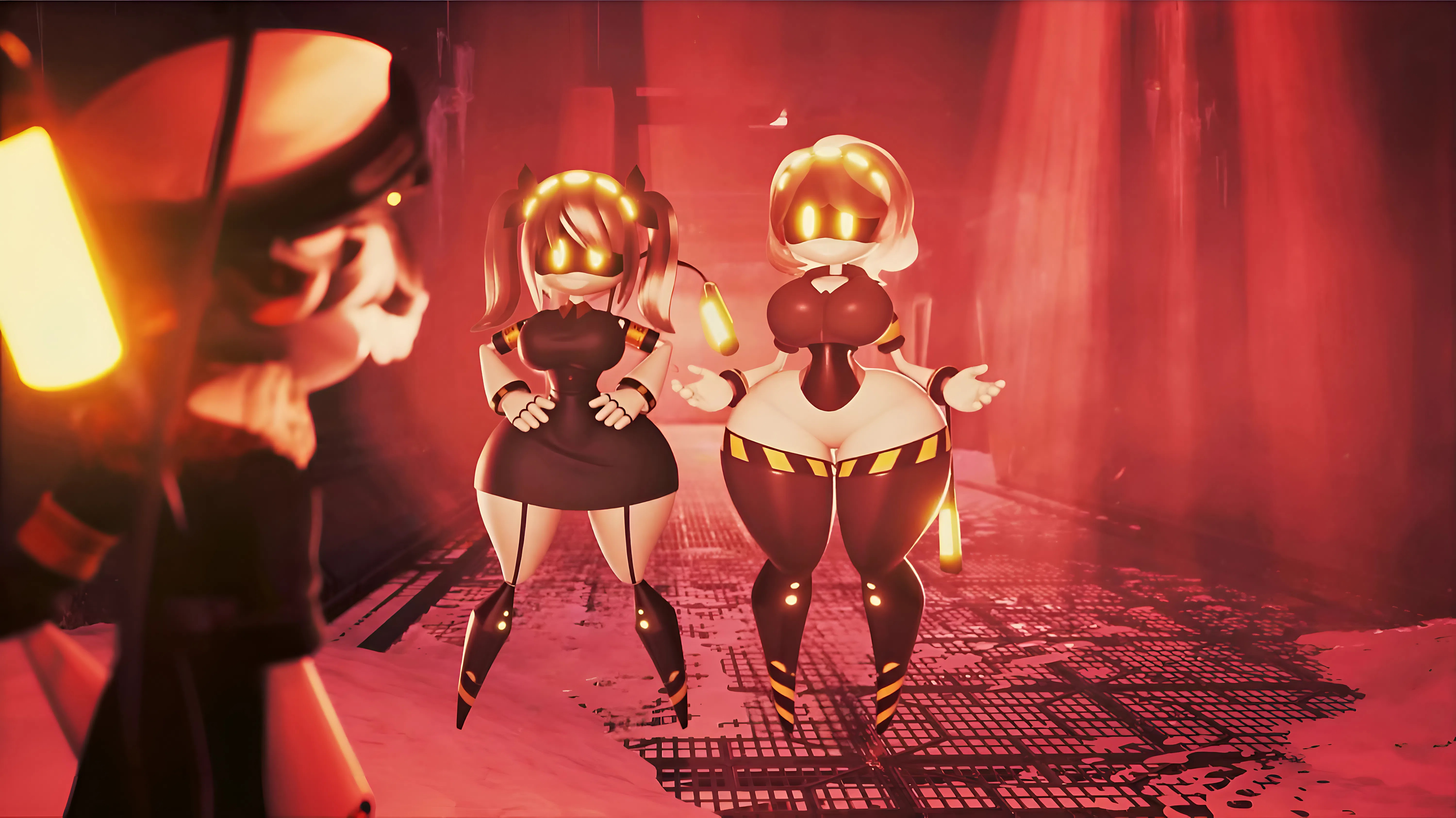 1boy, 3d, 3girls, abandoned building, ai assisted, ai generated, android, belt, big breasts, black dress, black legwear, cg, dark background, detailed background, digital art, disassembly drones, garter straps, glitch productions, gloves, glowing eyes, group, hat, holding lantern, huge breasts, indoors, j (murder drones), lantern, large areolae, large ass, looking at viewer, metallic body, murder drones, n (murder drones), orange glow, pointed feet, police hat, ponytail, pose, red glow, robot girl, serial designation j, serial designation n, serial designation v, sexualized, short dress, standing, suggestive, thick thighs, thighhighs, twintails, uniform, v (murder drones), visor, wide hips, yellow eyes, yellow stripes