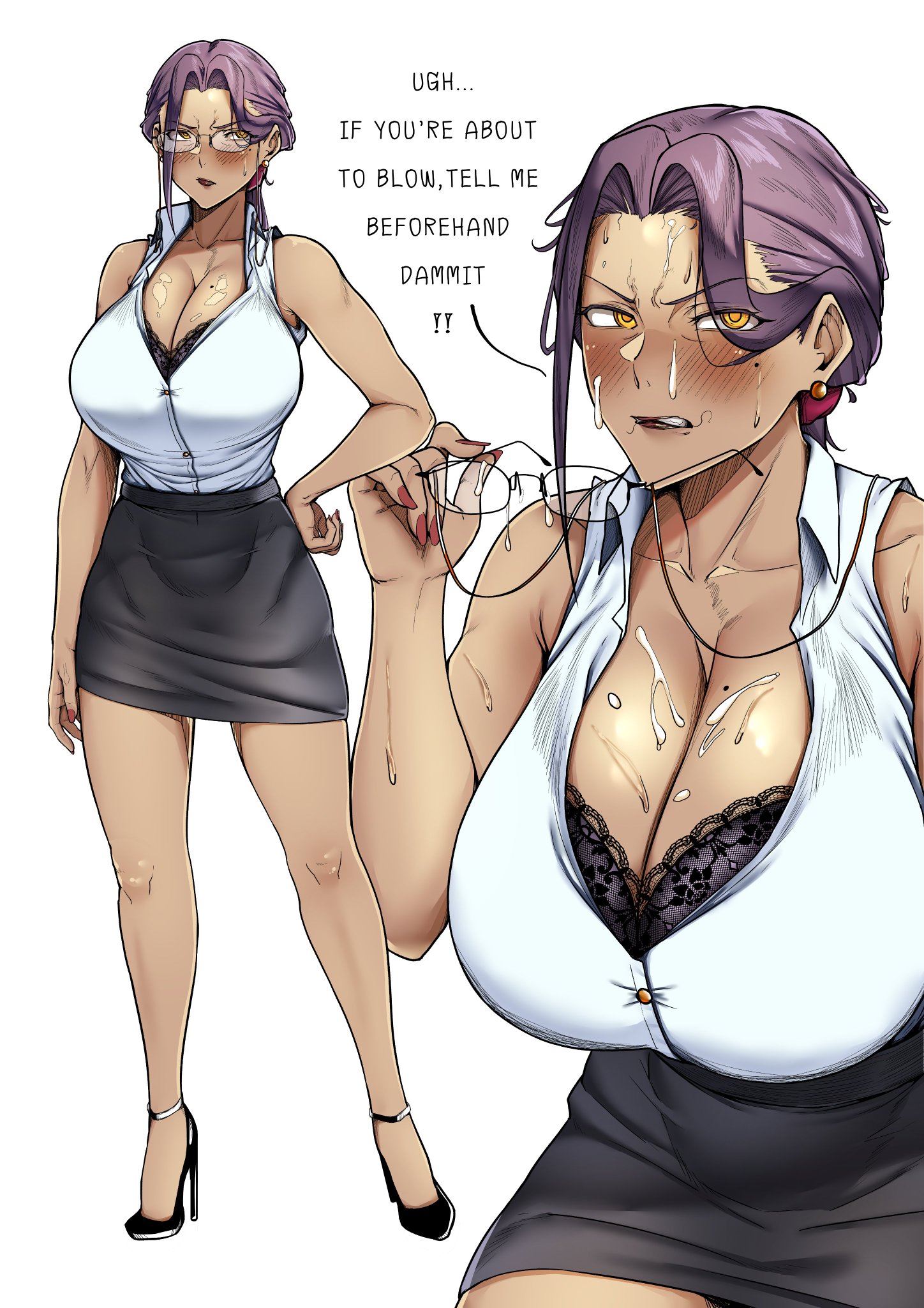 1girls, angry, beauty mark, beauty mark on breasts, big breasts, cleavage, cum, cum on breasts, cum on face, cum on glasses, dialogue, fai (ringo), female, female only, glasses, high heels, milf, no warning, office clothing, ringo, ringo6678, sweat, teacher, teacher female, thick thighs