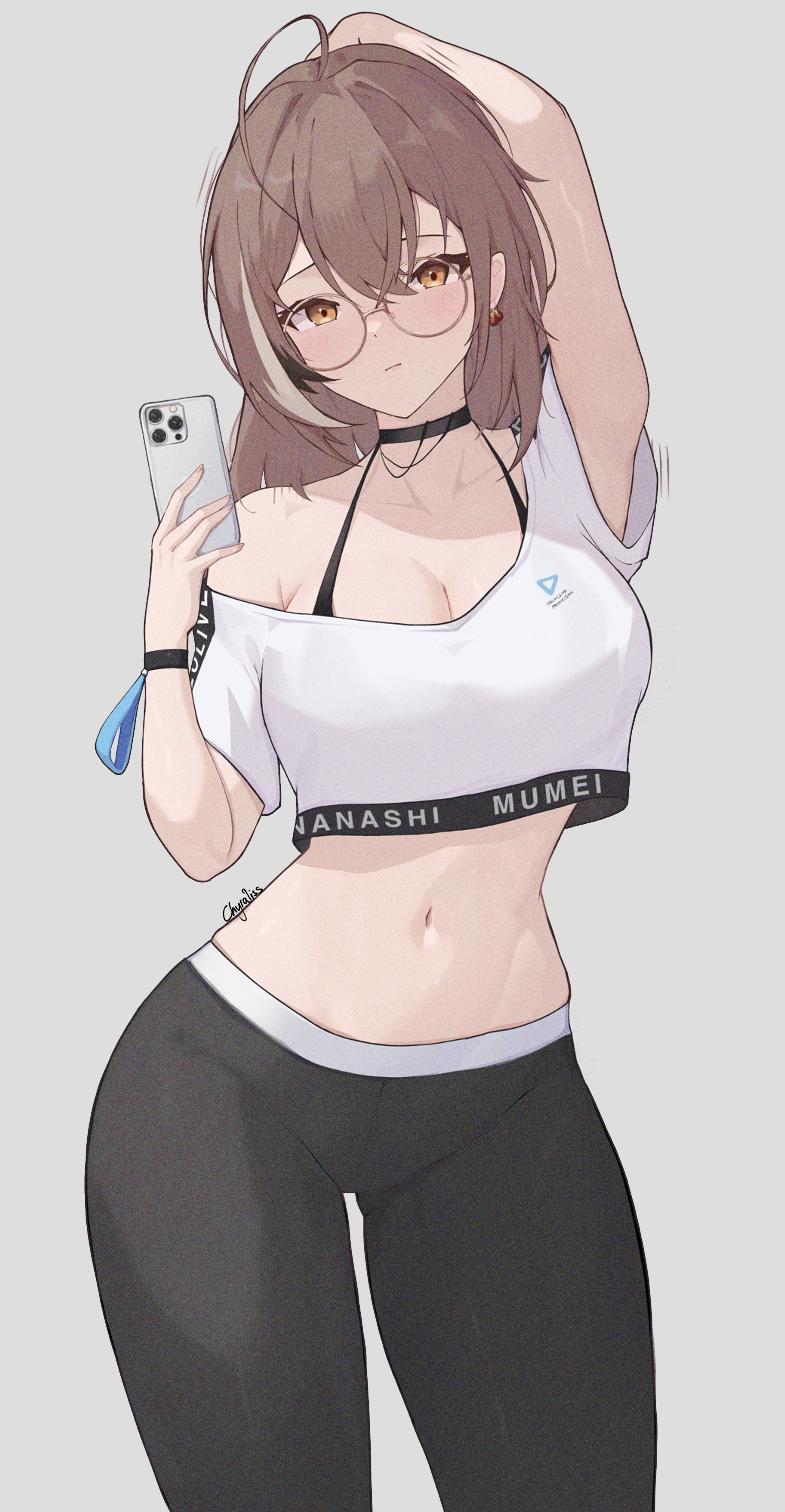 absurdres, ahoge, arm behind head, arm up, black choker, black hair, black pants, black-framed eyewear, breasts, brown eyes, brown hair, cellphone, character name, cherry earrings, choker, chyraliss, cleavage, copyright name, crop top, earrings, female, food themed earrings, food-themed earrings, glasses, highres, holding, holding phone, hololive, hololive dance practice uniform, hololive english, jewelry, large breasts, long hair, looking at viewer, multicolored hair, nanashi mumei, navel, official alternate costume, pants, phone, smartphone, streaked hair, virtual youtuber, white hair, yoga pants