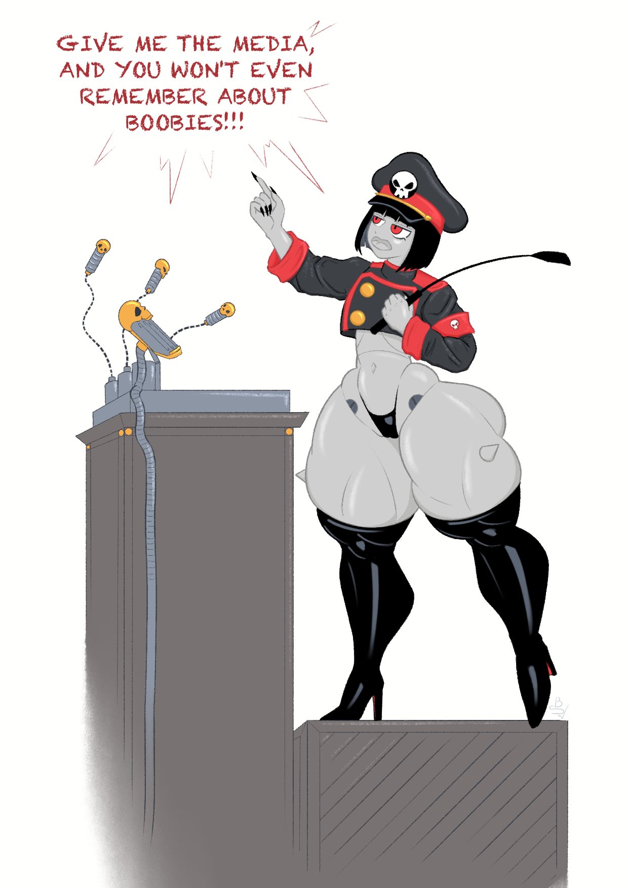 armband, authoritarian, balderswordsman, big butt, big hips, black boots, black hair, black panties, blunt bangs, boots, bottom heavy, bottom heavy female, bubble ass, bubble butt, child bearing hips, cropped jacket, curvy, expressionless, female, female robot, flat chest, g-string, gigantic thighs, gloves, grey body, high heel boots, high heels, hourglass figure, huge hips, huge thighs, large hips, large thighs, latex boots, legwear, machine, massive ass, microphone, microphone stand, midriff, military, military hat, military uniform, navel, panties, peaked cap, penis, pointing up, revealing clothes, robot, robot commander (bingbingzi), robot girl, robot symbol, sexy, short, short hair, shortstack, skimpy, skimpy outfit, slim waist, small breasts, speech, stand, stoic, string panties, thick thighs, thigh boots, thighhigh boots, thighs, thighs bigger than head, thunder thighs, tight clothes, uniform, voluptuous, voluptuous female, wide hips