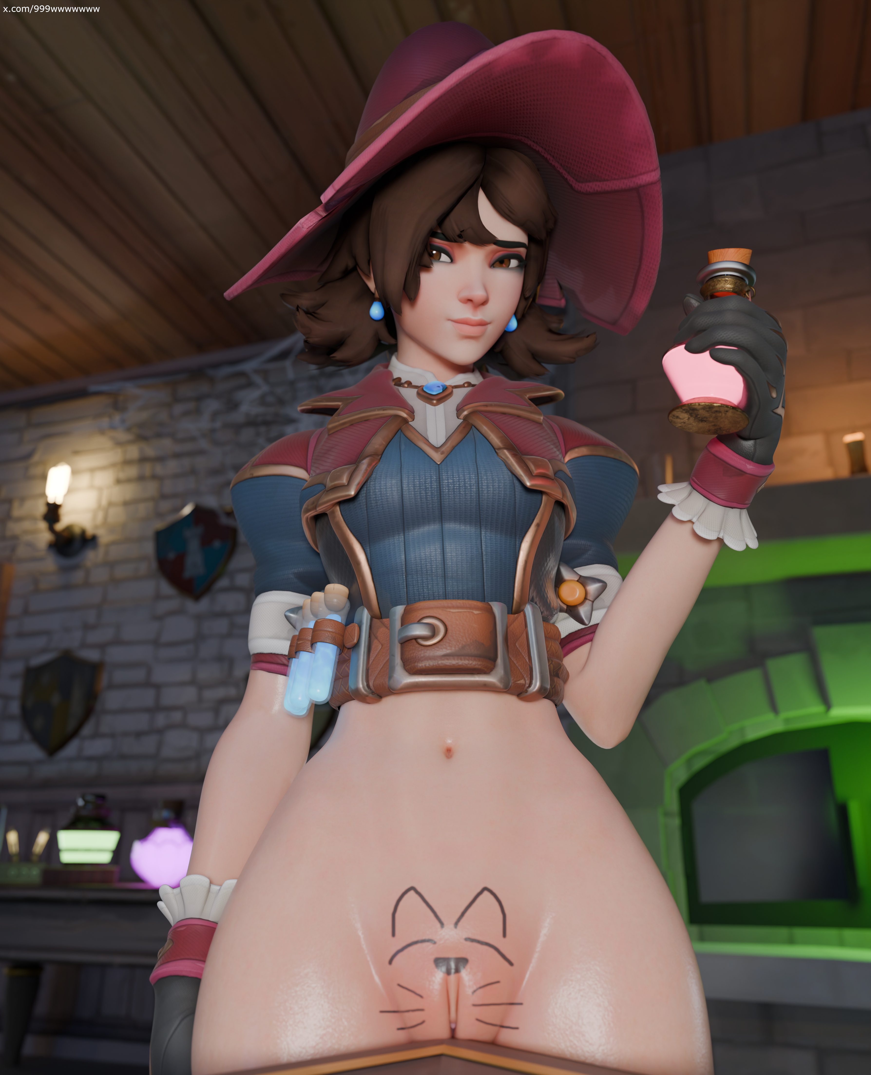 1girls, 3d, 999wwwwwww, against table, belt, bottomless, brown eyes, brown hair, cat face, do you want to pet my cat (meme), drawing, drawing on self, drawn ears, drawn whiskers, female, female focus, female only, half naked, holding object, kiriko (overwatch), meme, mons pubis, navel, overwatch, presenting, presenting pussy, pussy, pussy-cat (meme), table, topwear, topwear only, vagina, vials, witch, witch hat, witch kiriko