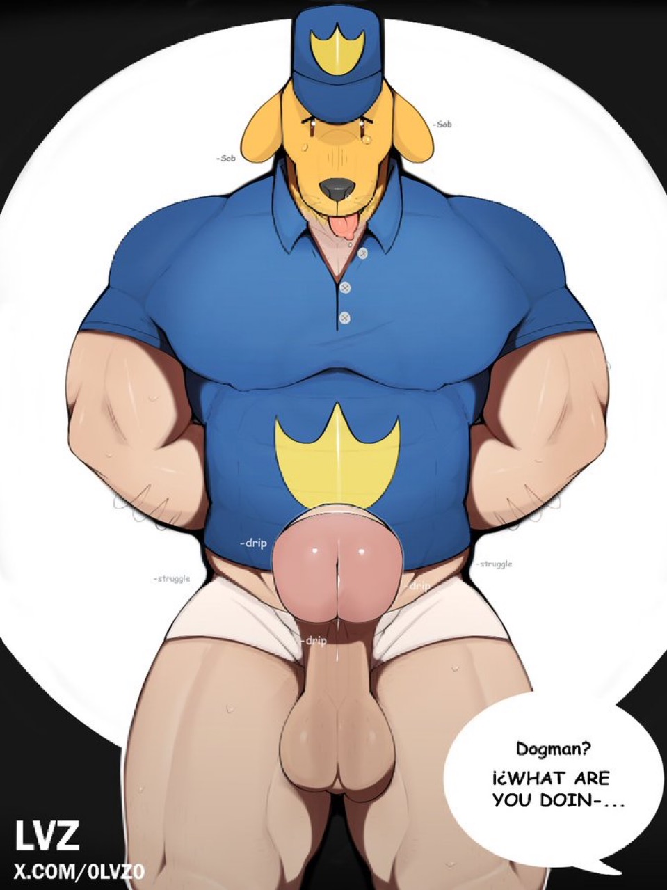 0lvz0, abs, arm hair, arms behind back, balls, ballsack, biceps, big biceps, big dick, big penis, blue hat, blue shirt, brown eyes, canine, cop, crying, dog ears, dog man (character), dog man (series), furry, furry only, gay, hat, male only, muscular, muscular male, muscular thighs, olive skin, orange fur, pecs, police, police uniform, shirt, simple background, text, text bubble, tounge out, underwear