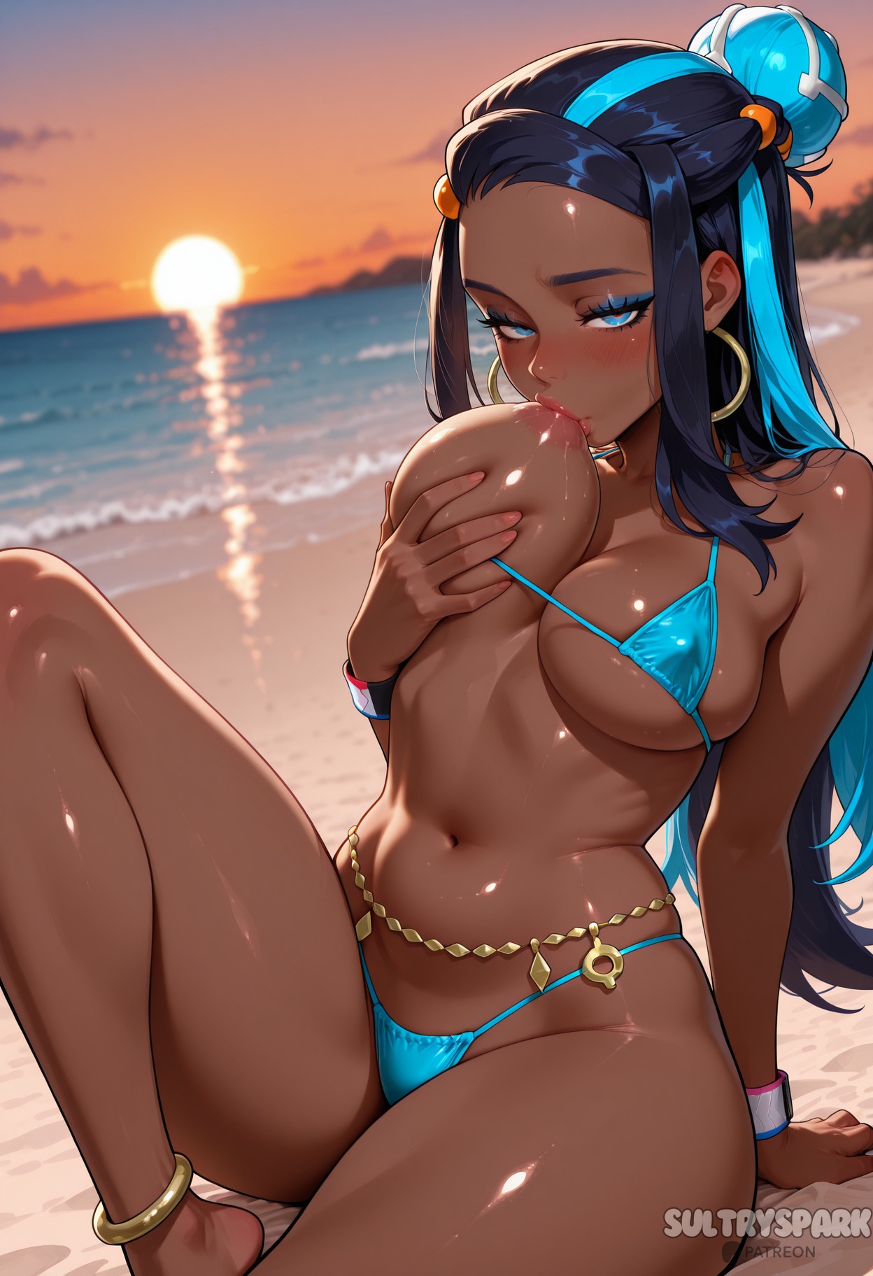 ai generated, arm support, artist name, bare shoulders, barefoot, beach, belly chain, bikini, black hair, blue bikini, blue eyes, blue eyeshadow, blue hair, blush, breast sucking, breasts, covered nipples, dark skin, dark-skinned female, earrings, eyeshadow, female, forehead, futarush, grabbing own breast, hair bun, highleg, highleg bikini, hoop earrings, jewelry, knee up, large breasts, long hair, looking at viewer, makeup, micro bikini, multicolored hair, navel, nessa (pokemon), nintendo, ocean, orange sky, outdoors, patreon, patreon username, pokemon, pokemon ss, shiny skin, single hair bun, sitting, skindentation, solo, stomach, sucking breasts, sultryspark, sunset, swimsuit, thighs, two-tone hair, unaligned breasts, water