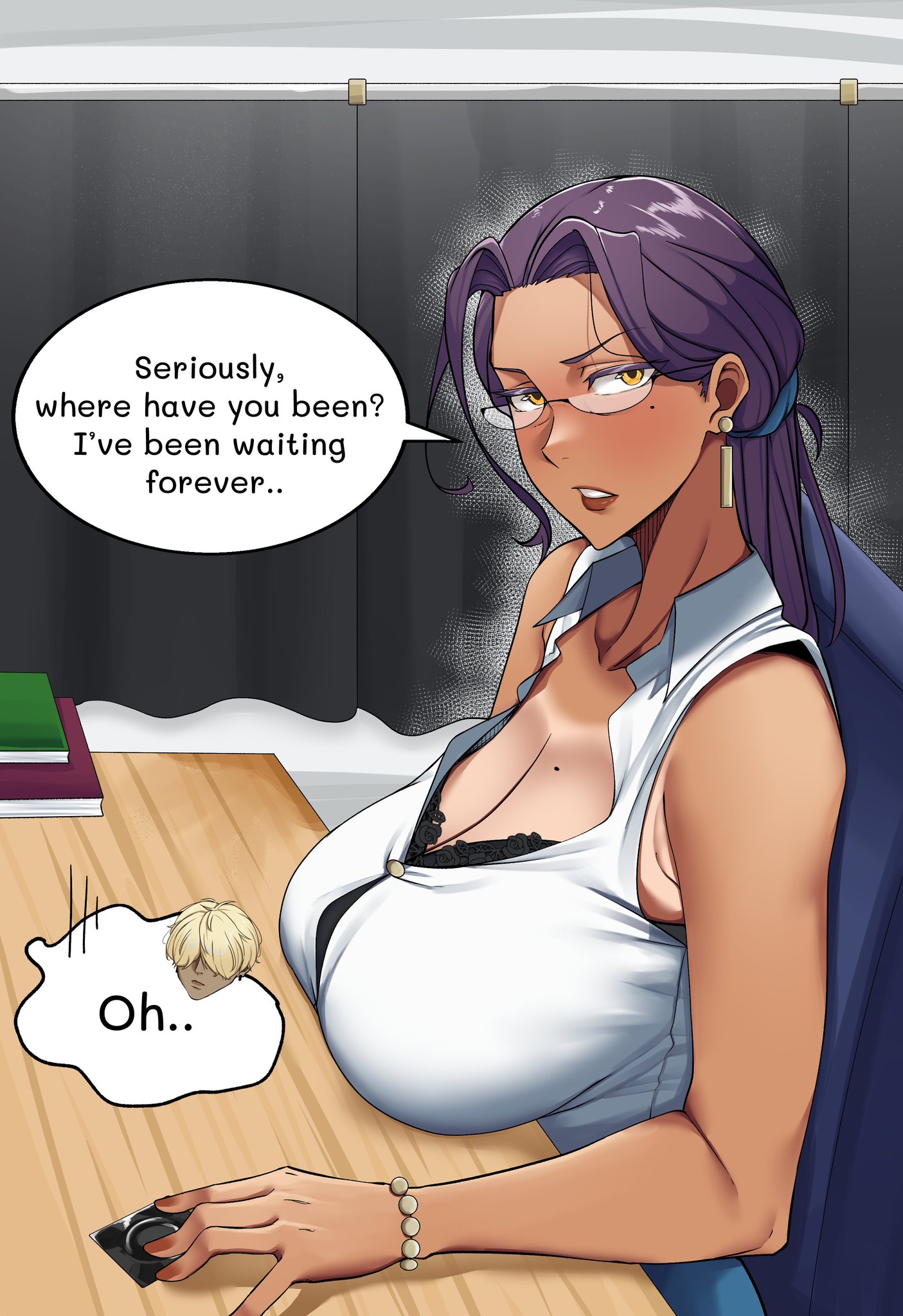 angry, armpit crease, beauty mark, beauty mark on breasts, big breasts, cleave, condom, fai (ringo), female, imminent sex, male, musk, ringo, ringo6678, sideboob, tanline