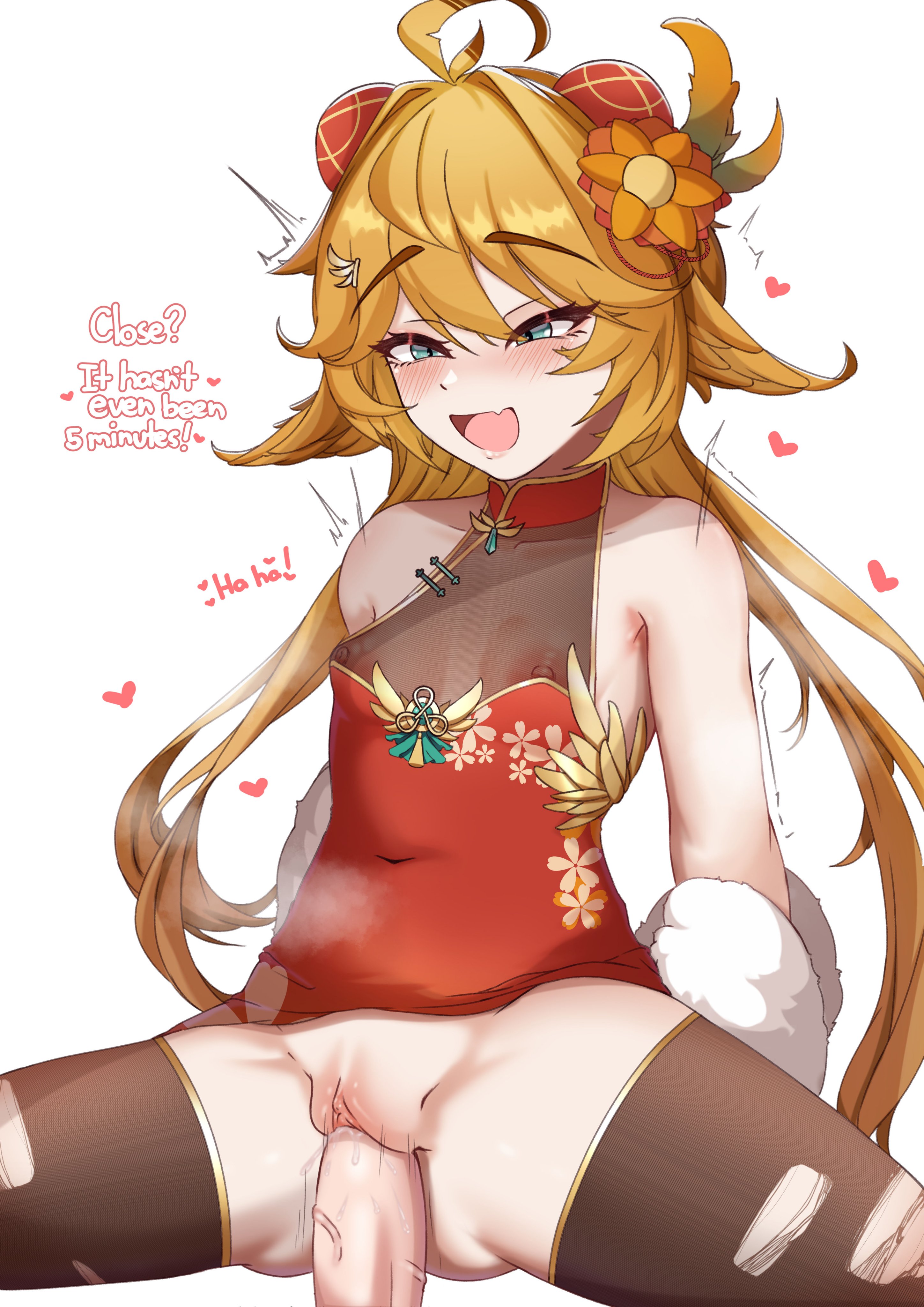 1boy, 1girl, 1girls, absurdres, ahoge, alternate costume, animal ears, black thighhighs, blonde hair, blue eyes, breasts, china dress, chinese clothes, commentary, covered erect nipples, covered navel, dokibird, dress, english commentary, english text, erection, female, female focus, highres, indie virtual youtuber, light skin, light-skinned female, light-skinned male, long hair, male, open mouth, penis, pussy, sex, simple background, small breasts, smile, solo focus, spread legs, straight, thighhighs, torn clothes, torn thighhighs, trrlwd, truubluu, uncensored, vaginal, vaginal penetration, virtual youtuber, vtuber, white background