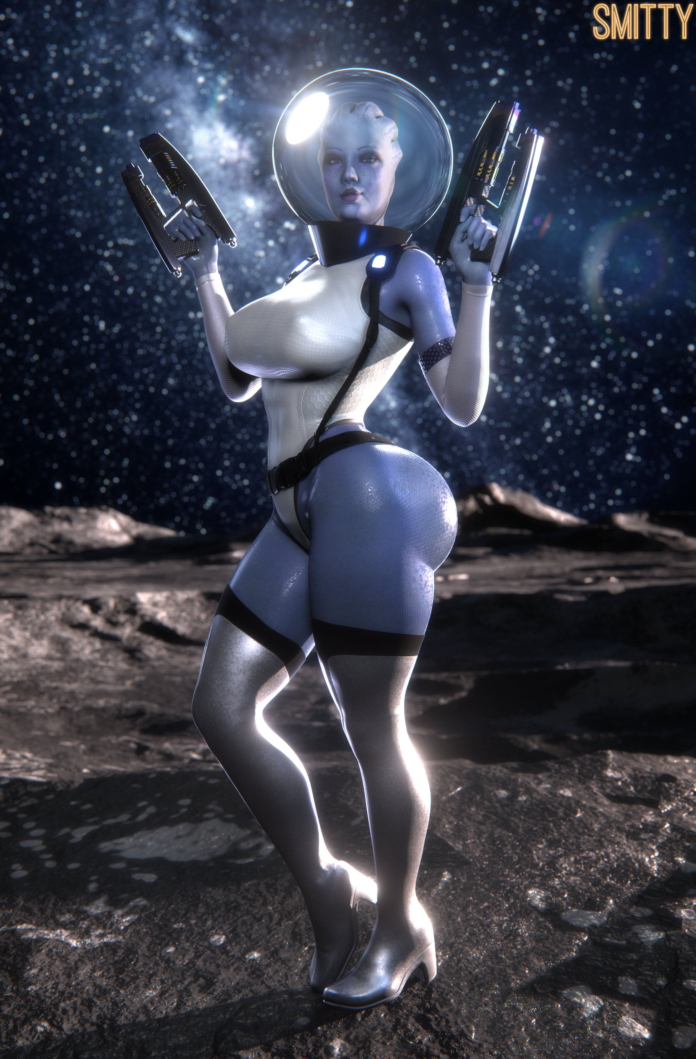 1girls, 3d, alien, alien girl, artist signature, asari, big ass, big breasts, big hips, big thighs, bubble butt, busty, clothes, detailed background, dual wielding, female only, full-length portrait, gun, heels, holding gun, holding object, holding weapon, humanoid, humanoid only, legwear, liara t'soni, looking at viewer, mass effect, smitty34, solo, solo female, space, space helmet, standing, three-quarter view, weapon