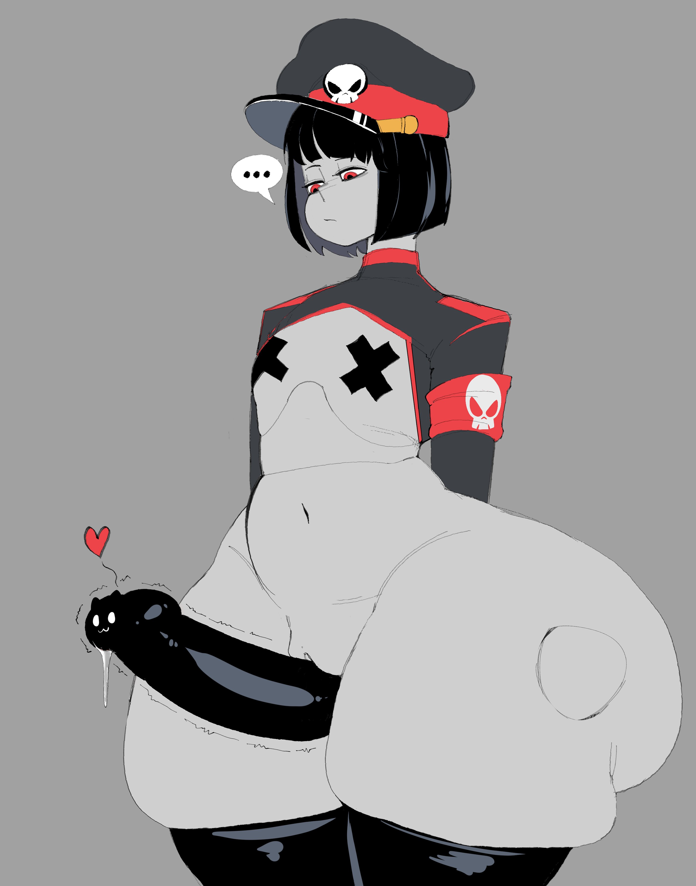 armband, authoritarian, big butt, big hips, black boots, black hair, blunt bangs, boots, bottom heavy, bottom heavy female, bubble ass, bubble butt, child bearing hips, condom, cropped jacket, curvy, expressionless, female, female robot, flat chest, gigantic thighs, gloves, grey body, heart, high heel boots, high heels, hourglass figure, huge hips, huge thighs, large hips, large thighs, latex boots, latex condom, legwear, long penis, machine, massive ass, midriff, military, military hat, military uniform, mybigbaws, navel, peaked cap, penis, penis rubbing pussy, precum, robot, robot commander (bingbingzi), robot girl, robot symbol, rubbing pussy, sexy, short, short hair, shortstack, skimpy, skimpy outfit, slim waist, small breasts, stoic, taped nipples, thick thighs, thigh boots, thighhigh boots, thighs, thighs bigger than head, thunder thighs, tight clothes, uniform, voluptuous, voluptuous female, wide hips