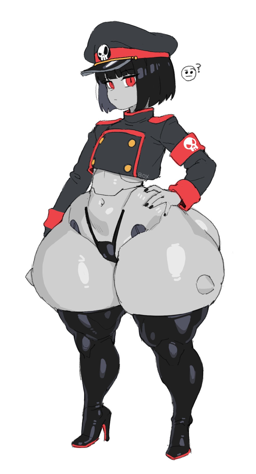 armband, authoritarian, b o x, big butt, big hips, black boots, black hair, black panties, blunt bangs, boots, bottom heavy, bottom heavy female, box20502017, bubble ass, bubble butt, child bearing hips, confused, cropped jacket, curvy, cute, cute face, expressionless, female, female robot, flat chest, g-string, gigantic thighs, gloves, grey body, high heel boots, high heels, hourglass figure, huge hips, huge thighs, large hips, large thighs, latex boots, legwear, looking at viewer, machine, massive ass, midriff, military, military hat, military uniform, navel, panties, peaked cap, revealing clothes, robot, robot commander (bingbingzi), robot girl, robot symbol, sexy, short, short hair, shortstack, skimpy, skimpy outfit, slim waist, small breasts, stoic, string panties, thick thighs, thigh boots, thighhigh boots, thighs, thighs bigger than head, thunder thighs, tight clothes, uniform, voluptuous, voluptuous female, wide hips