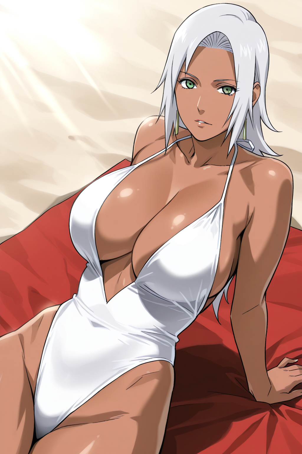 1girls, after bath, after swimming, ai generated, alternate hairstyle, athletic, athletic female, bare chest, bare legs, bare midriff, bare shoulders, beach, beach towel, big breasts, blush, breasts, brown skin, busty, cleavage, clouds, collarbone, curvaceous, curvy, curvy body, curvy female, curvy figure, dutch angle, feet out of frame, female, female only, flirting, flirting look, front view, hair down, high resolution, highleg, highleg bikini, hourglass figure, hourglass figured female, light skin, light-skinned female, long hair, loose hair, mabui, mature, mature female, milf, naruto, naruto (series), naruto shippuden, navel, ocean, one-piece swimsuit, open mouth, outdoors, pinup, revealing clothes, revealing swimsuit, sand, seaside, seducing, seduction, seductive, seductive body, seductive eyes, seductive gaze, seductive look, seductive mouth, seductive pose, seductive smile, sitting, sitting on floor, smile, solo, string bikini, swimsuit, teal eyes, toned, toned female, towel, trj, viewed from above, voluptuous, wet, wet body, wet skin, white hair, wide hips