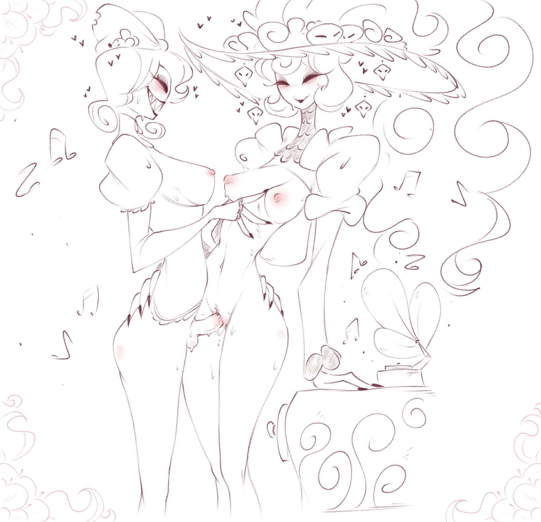 1futa, 1girls, balls, black nails, cheesesenpaivn, futa on female, futanari, half naked, hat, hazbin hotel, heart symbol, insertion, medium breasts, milf, musical note, no panties, passionate, pink nipples, precum, rosie (hazbin hotel), satisfied, sharp teeth, shaved pussy, sketch, skinny, slim waist, small breasts, smile, smiling at partner, standing missionary, standing sex, vaginal penetration, vicanderson, vintage, white background