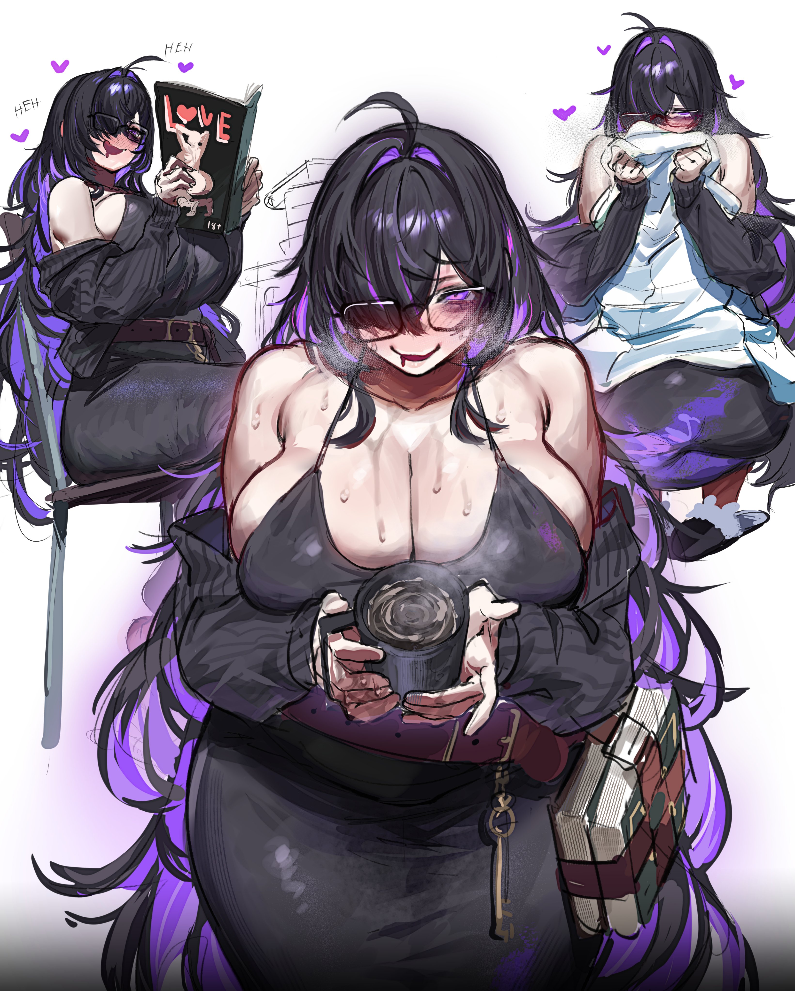 1girls, absurdres, ahoge, armpit crease, bare shoulders, belt, belt buckle, black cardigan, black dress, black hair, black slippers, black-framed eyewear, book, book stack, book strap, breasts, brown belt, buckle, cardigan, chair, cleavage, colored inner hair, commentary, content rating, cowboy shot, crooked eyewear, cup, desk, dress, drooling, english commentary, glasses, goddess of victory: nikke, hair intakes, hair over one eye, halterneck, hands up, heart, heavy breathing, highres, holding, holding cup, key, keyring, label (nikke), laughing, long hair, long sidelocks, looking at viewer, loose belt, low neckline, messy hair, midnightsunz456, mojyo, mouth drool, multicolored hair, multiple views, off shoulder, on chair, open cardigan, open clothes, pale skin, parted bangs, pornography, purple eyes, purple hair, purple streaks, raised inner eyebrows, reading, reallycute456, shirt, sideboob, sidelocks, simple background, sitting, sleeves past wrists, slippers, smelling, smelling clothes, smile, spaghetti strap, squatting, steam, streaked hair, sweat, tiptoes, two-tone hair, unworn shirt, very long hair, white background, white shirt, wide hips