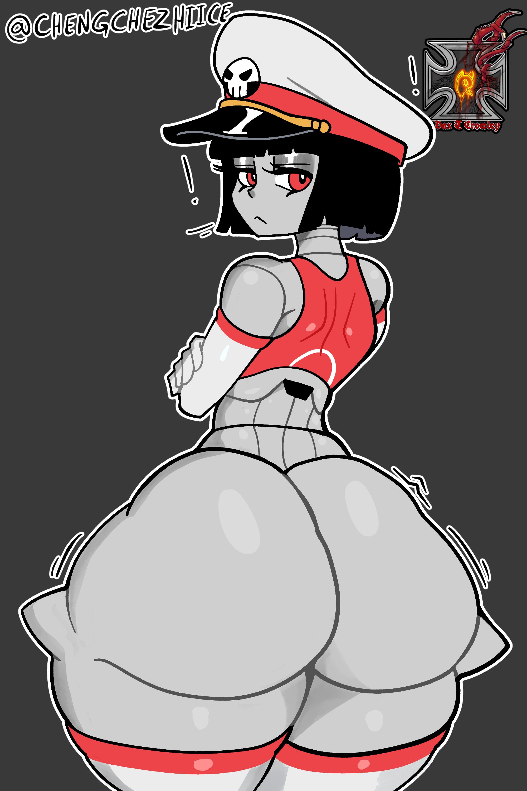 alert, ass focus, authoritarian, big butt, big hips, black hair, blunt bangs, bodysuit, boots, bottom heavy, bottom heavy female, bubble ass, bubble butt, child bearing hips, curvy, expressionless, female, female robot, flat chest, g-string, gigantic thighs, gloves, grey body, high heel boots, high heels, hourglass figure, huge hips, huge thighs, large hips, large thighs, latex boots, legwear, looking back, machine, massive ass, midriff, military, military hat, military uniform, navel, panties, peaked cap, red bodysuit, red panties, revealing clothes, robot, robot commander (bingbingzi), robot girl, rose dax, sexy, short, short hair, shortstack, skimpy, skimpy outfit, slim waist, small breasts, stoic, string panties, thick thighs, thigh boots, thighhigh boots, thighs, thighs bigger than head, thunder thighs, tight clothes, uniform, voluptuous, voluptuous female, white boots, wide hips