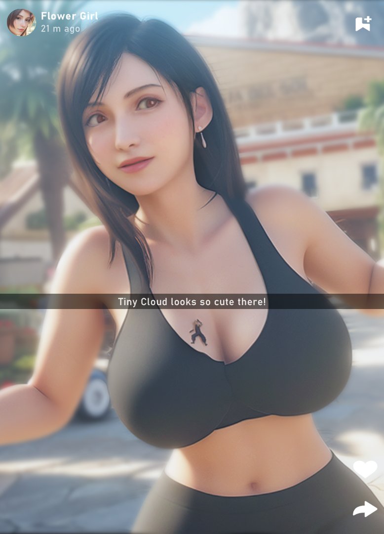 1boy, 1girls, 3d, 3d (artwork), big breasts, blonde hair, blonde hair male, blonde male, breasts, brown hair, brown hair female, brunette female, brunette hair, clothed, clothed female, clothed male, cloud strife, female, female focus, final fantasy, final fantasy vii, final fantasy vii remake, krieginax, large boobs, large breasts, light skin, light-skinned female, light-skinned male, micro, micro male, shrunk, shrunken, shrunken male, square enix, tifa lockhart