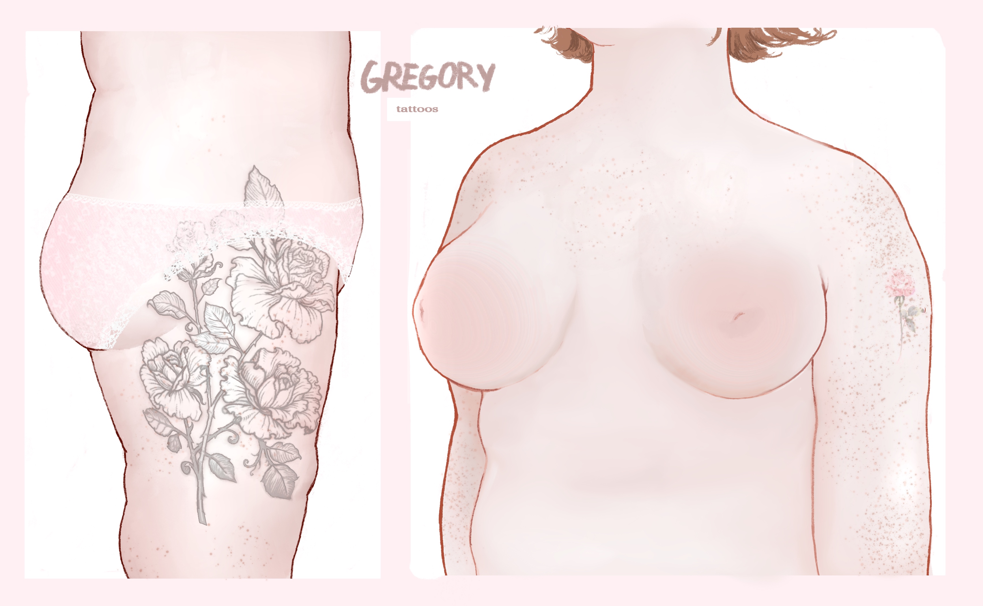 1girls, arm tattoo, brown hair, character name, character sheet, chubby, chubby belly, chubby female, chubby girl, curvaceous, curvaceous body, curvaceous female, curvaceous figure, curves, curvy, curvy body, curvy female, curvy figure, curvy hips, cute, flowersonwalls, freckles, freckles on breasts, freckles on shoulders, freckles on thighs, ginger, ginger female, ginger hair, gregory (flowersonwalls), lace, lace panties, lace trim, lace-trimmed panties, large areolae, large breasts, large butt, large thighs, larger female, naked, naked female, no bra, no face, oc, original character, pale, pale body, pale skin, pale skinned female, pale-skinned female, pink areola, pink body, pink nipples, pink panties, self upload, short hair, side ass, side butt, side view, solo, solo focus, sona, tattoo, tattoo on arm, tattoo on legs, tattooed arm, tattoos, thigh tattoo, topless, underwear, underwear only