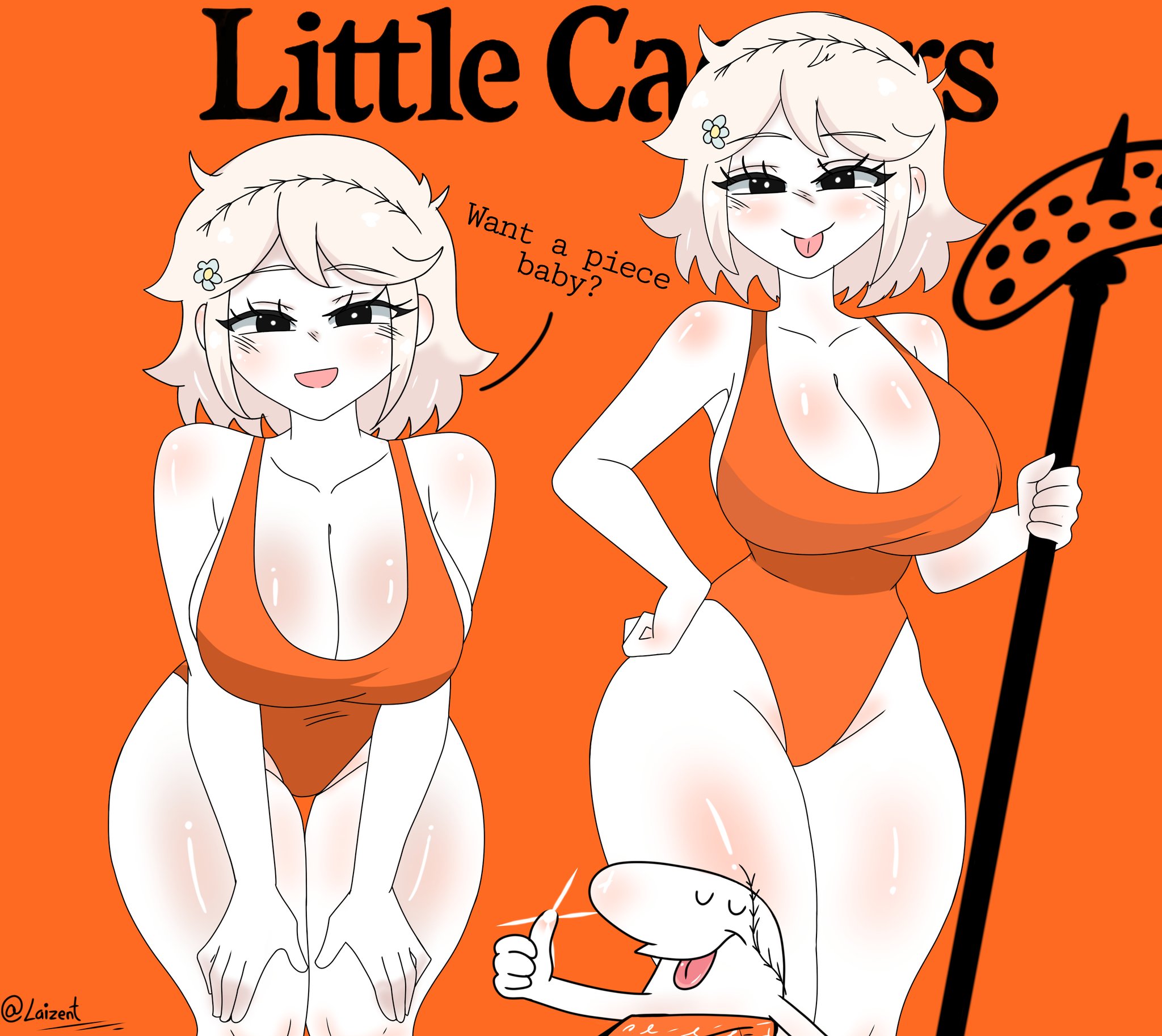 1girls, artzyzen, big cleopatra, breasts, female, female focus, large breasts, light skin, light-skinned female, little caesars, looking at viewer, thick thighs, thighs, wide hips