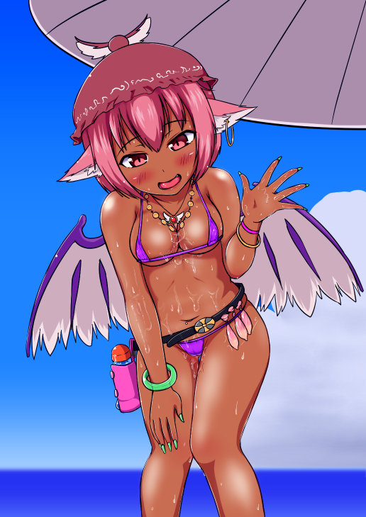 alternate_skin_color bangs belt bikini bird_ears bird_wings blue_sky blush bottle bracelet breasts cameltoe cloud condom condom_belt dark-skinned_female dark_skin day earrings female fingernails green_nails hair_between_eyes hat head_tilt hips horizon jewelry kogal legs long_fingernails looking_at_viewer lube medium_breasts micro_bikini mystia_lorelei nail_polish navel navel_piercing necklace nisshisshi ocean open_mouth piercing pink_eyes pink_hair purple_bikini sky smile solo stomach swimsuit thighs touhou used_condom waving wings wristband