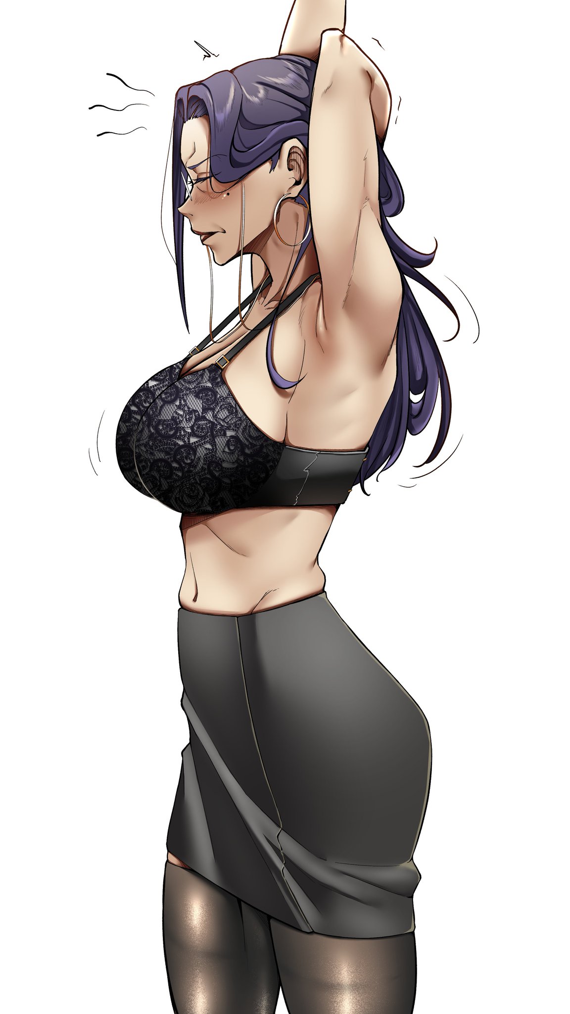 armpits, arms up, bra, fai (ringo), female, female only, glasses, good anatomy, lace-trimmed bra, milf, oc, office clothing, office skirt, pantyhose, ringo, ringo6678, shirt off, shirtless, teacher, teacher female