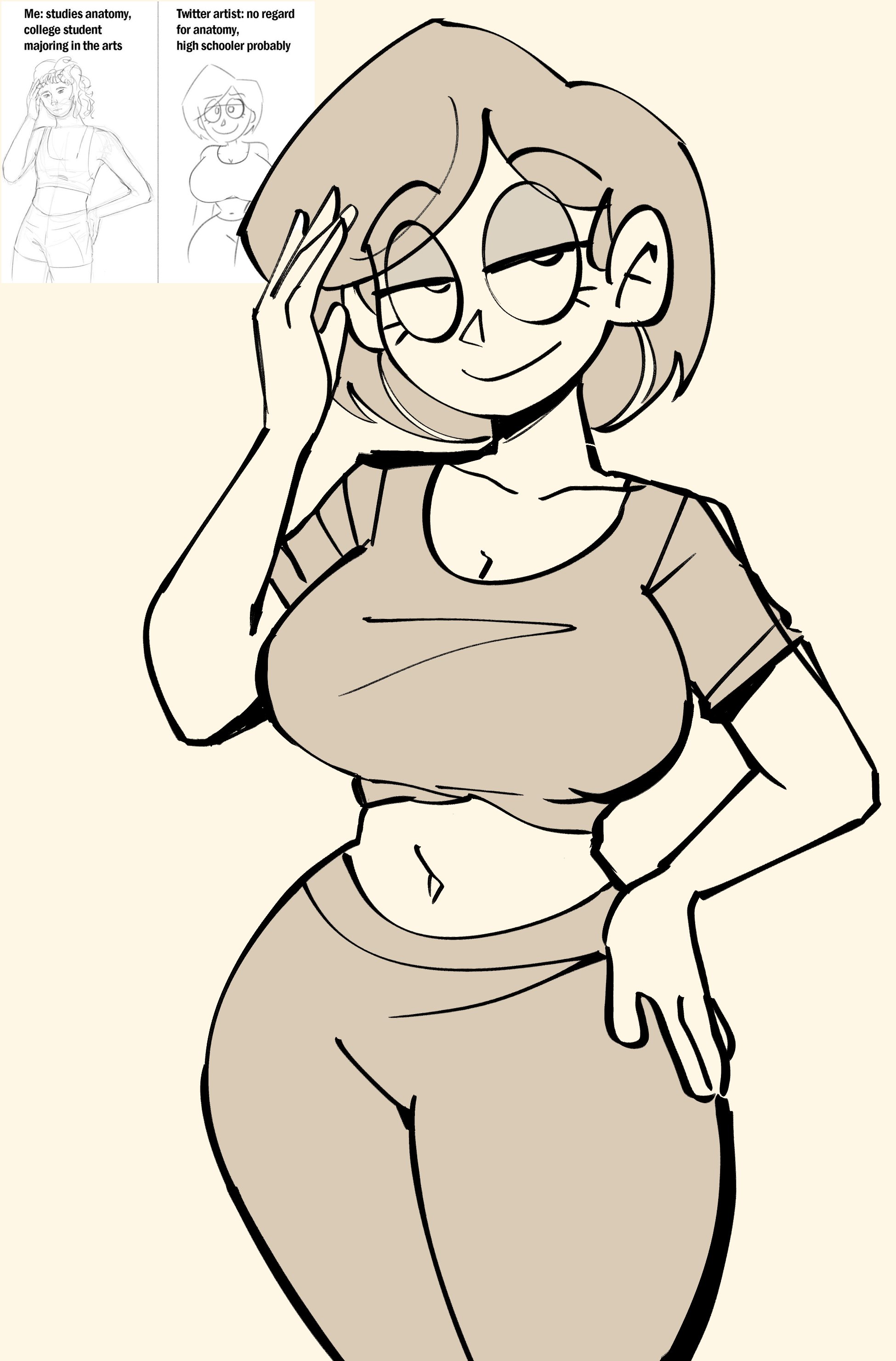1girls, big breasts, breasts, brown hair, cartoony, eyelashes, huge breasts, large breasts, me:studies anatomy college student majoring in the arts (meme), meme, peargor, short hair, smile, solo, solo focus, thick thighs, thighs, twitter, twitter artist anatomy girl, twitter link, wide hips