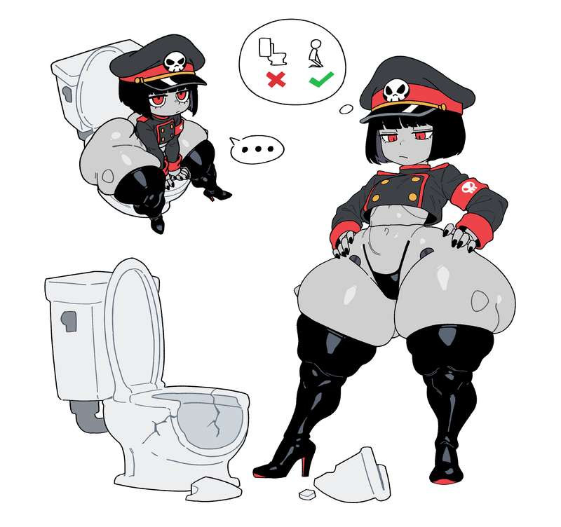 armband, authoritarian, big butt, big hips, bingbingzi, black boots, black hair, black panties, blunt bangs, boots, bottom heavy, bottom heavy female, broken seat, broken toilet, bubble ass, bubble butt, chengchezhiice, child bearing hips, cropped jacket, curvy, expressionless, female, female robot, flat chest, g-string, gigantic thighs, gloves, grey body, heavy ass, high heel boots, high heels, hourglass figure, huge hips, huge thighs, large hips, large thighs, latex boots, legwear, machine, massive ass, midriff, military, military hat, military uniform, navel, panties, peaked cap, revealing clothes, robot, robot commander (bingbingzi), robot girl, robot symbol, sexy, short, short hair, shortstack, sitting, skimpy, skimpy outfit, slim waist, small breasts, stoic, string panties, thick thighs, thigh boots, thighhigh boots, thighs, thighs bigger than head, thinking, thunder thighs, tight clothes, toilet, uniform, voluptuous, voluptuous female, wide hips