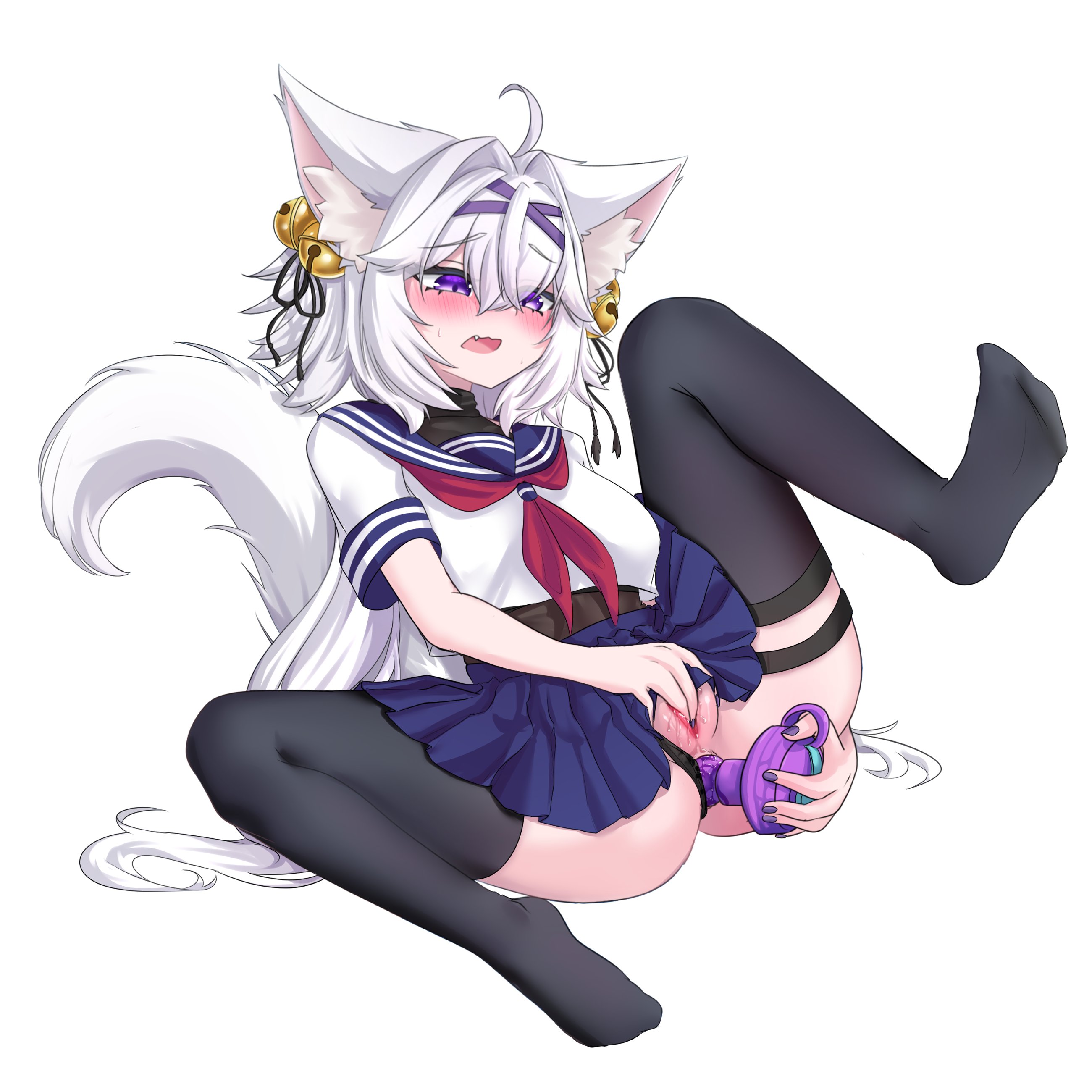 1girls, absurdres, ahoge, anal, anal object insertion, animal ears, anus, ascot, bell, black thighhighs, blue sailor collar, blush, breasts, cat ears, cat girl, cat tail, clothing aside, commentary, dildo, english commentary, facing viewer, feet, female, female masturbation, filian (vtuber), fingering, full body, hair bell, hair ornament, highres, indie virtual youtuber, long hair, masturbation, medium breasts, object insertion, oerba yun fang, open mouth, panties, panties aside, purple eyes, pussy, pussy juice, red ascot, rindo (vrchat), ritspi, sailor collar, school uniform, serafuku, sex toy, shirt, simple background, sitting, skirt, solo, tail, thigh strap, thighhighs, thighs, uncensored, underwear, virgin doing anal, virtual youtuber, vtuber, white background, white hair, white shirt