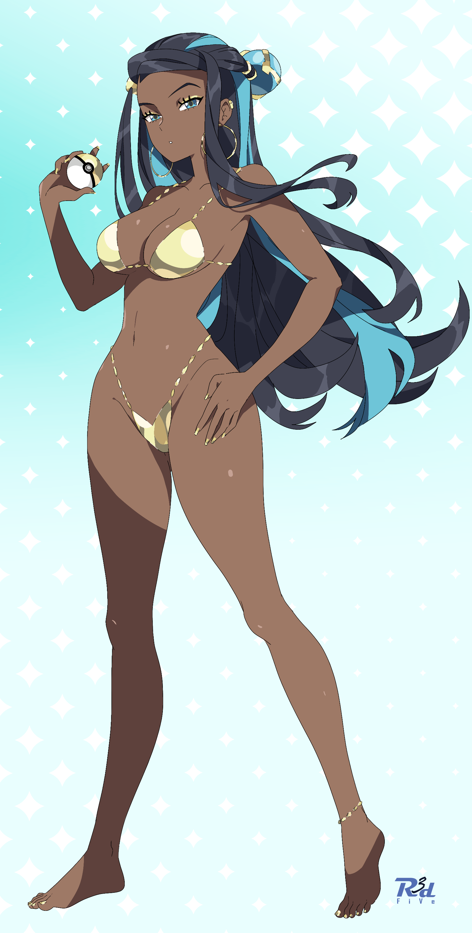 absurdres, anklet, barefoot, bikini, blue background, blue eyes, clothing, collarbone, dark skin, dark-skinned female, earrings, eyelashes, eyeshadow, female, fingernails, full body, gold bikini, groin, half-closed eyes, hand on own hip, highres, holding, holding poke ball, hoop earrings, human, jewelry, long fingernails, long hair, looking at viewer, makeup, nail polish, nessa (pokemon), nintendo, nonsexual, nontraditional poke ball, parted lips, poke ball, pokemon, pokemon swsh, r3dfive, solo, standing, striped hair, swimsuit, swimwear, toenail polish, toenails, toes, very long hair, yellow eyeshadow, yellow nails