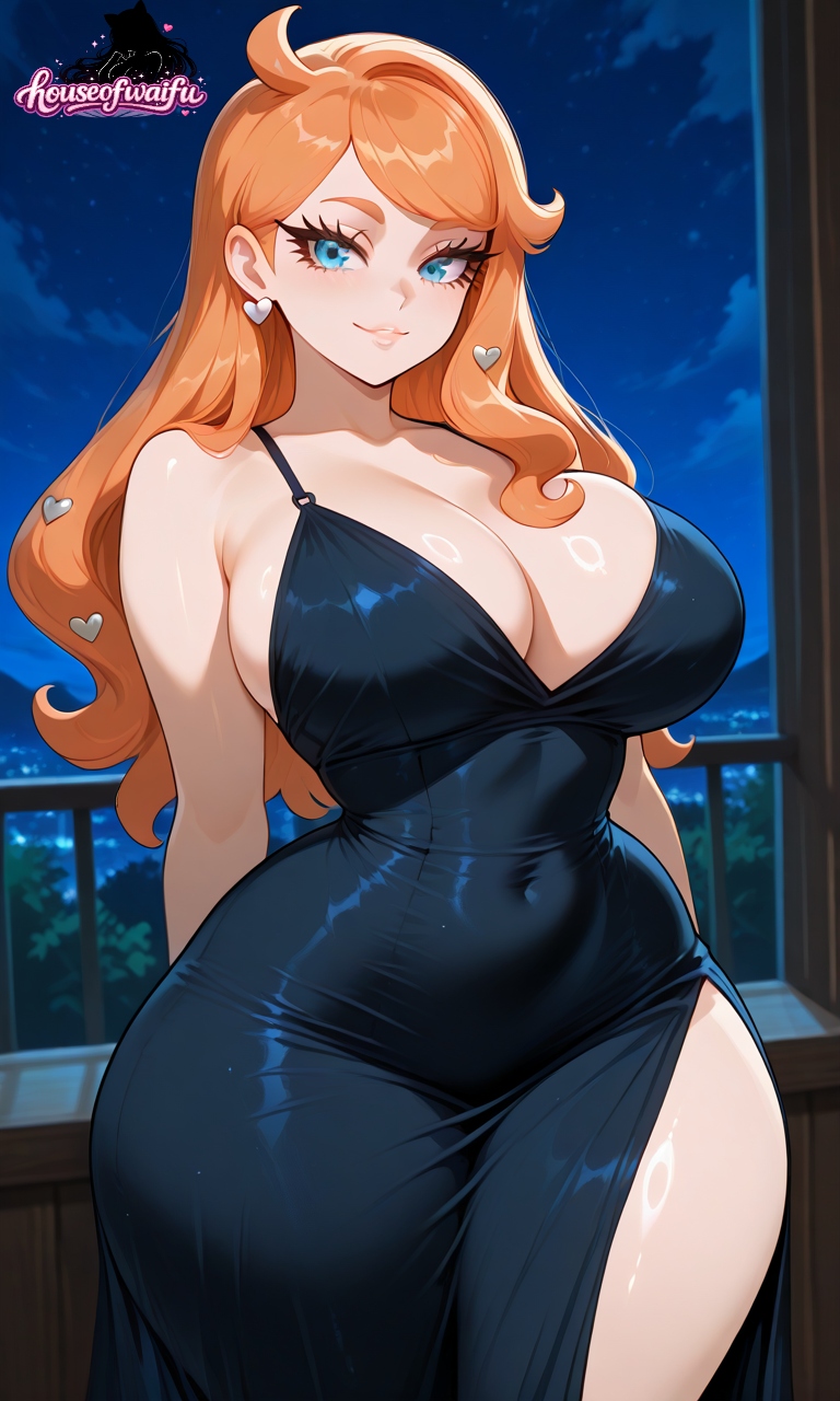 ai art, ai generated, ai-created, blue eyes, breasts, curvaceous, curvaceous female, curvaceous figure, curvy, curvy body, curvy female, curvy figure, curvy hips, dress, female, female only, houseofwaifu, huge breasts, mature, mature female, milf, milf body, nintendo, orange hair, pokemon, sexy, sexy body, sexy pose, sonia (pokemon)