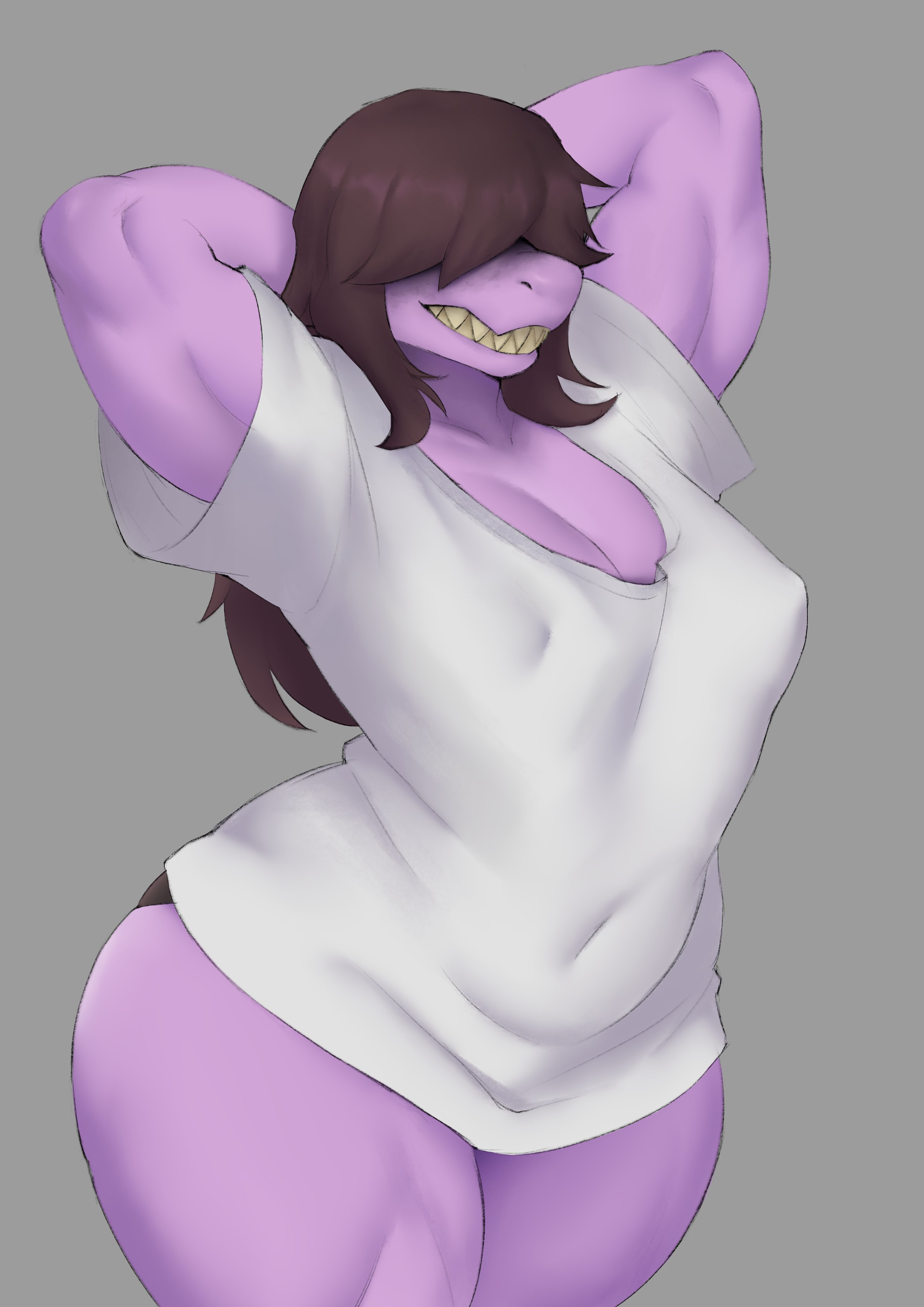 big breasts, deltarune, meruzis, muscular female, purple skin, reptilian, scalie, sharp teeth, susie (deltarune), t-shirt, thick thighs