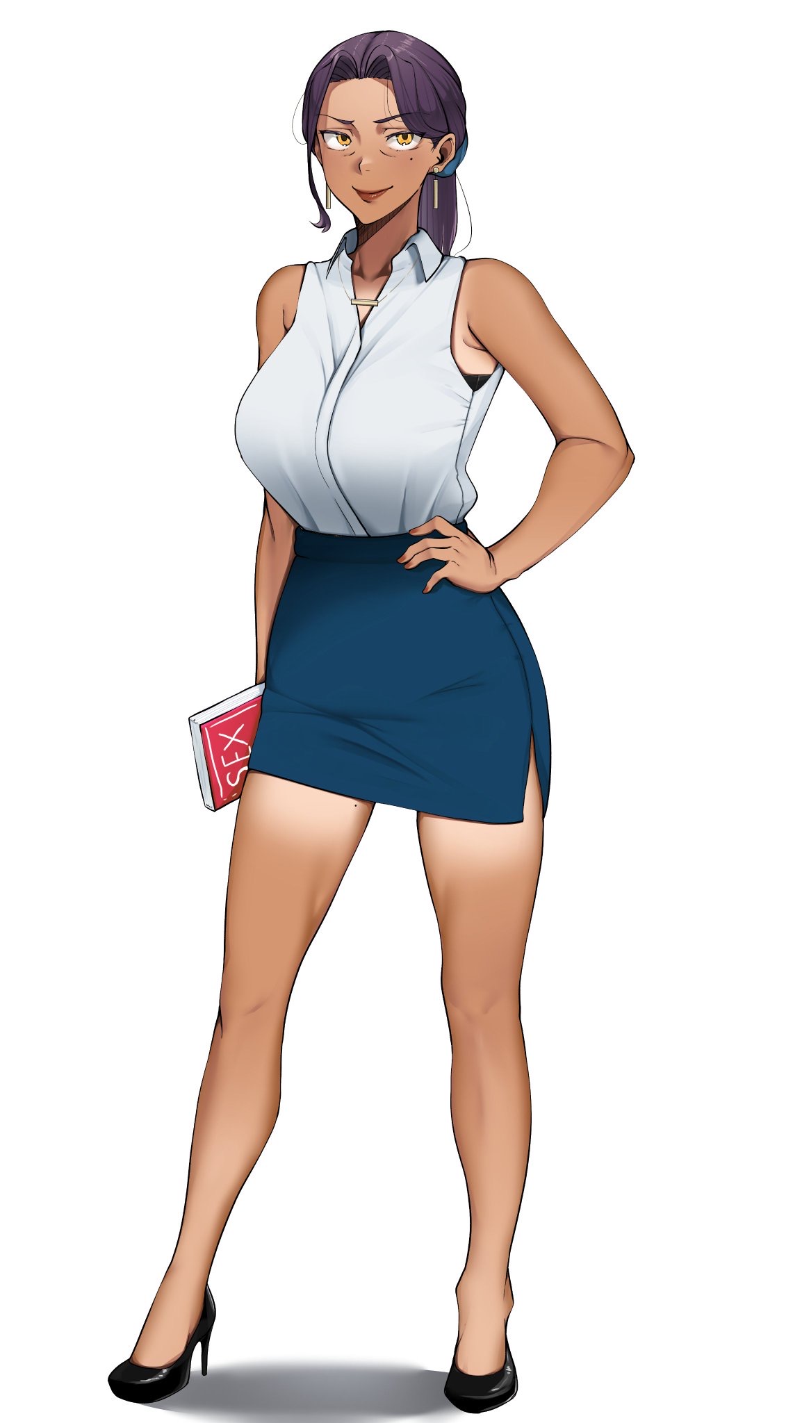 armpits, beautiful woman, big breasts, bra showing, dark-skinned female, fai (ringo), female, female only, high heels, oc, office clothing, office skirt, posing, ringo, ringo6678, skirt, tanline, tight skirt