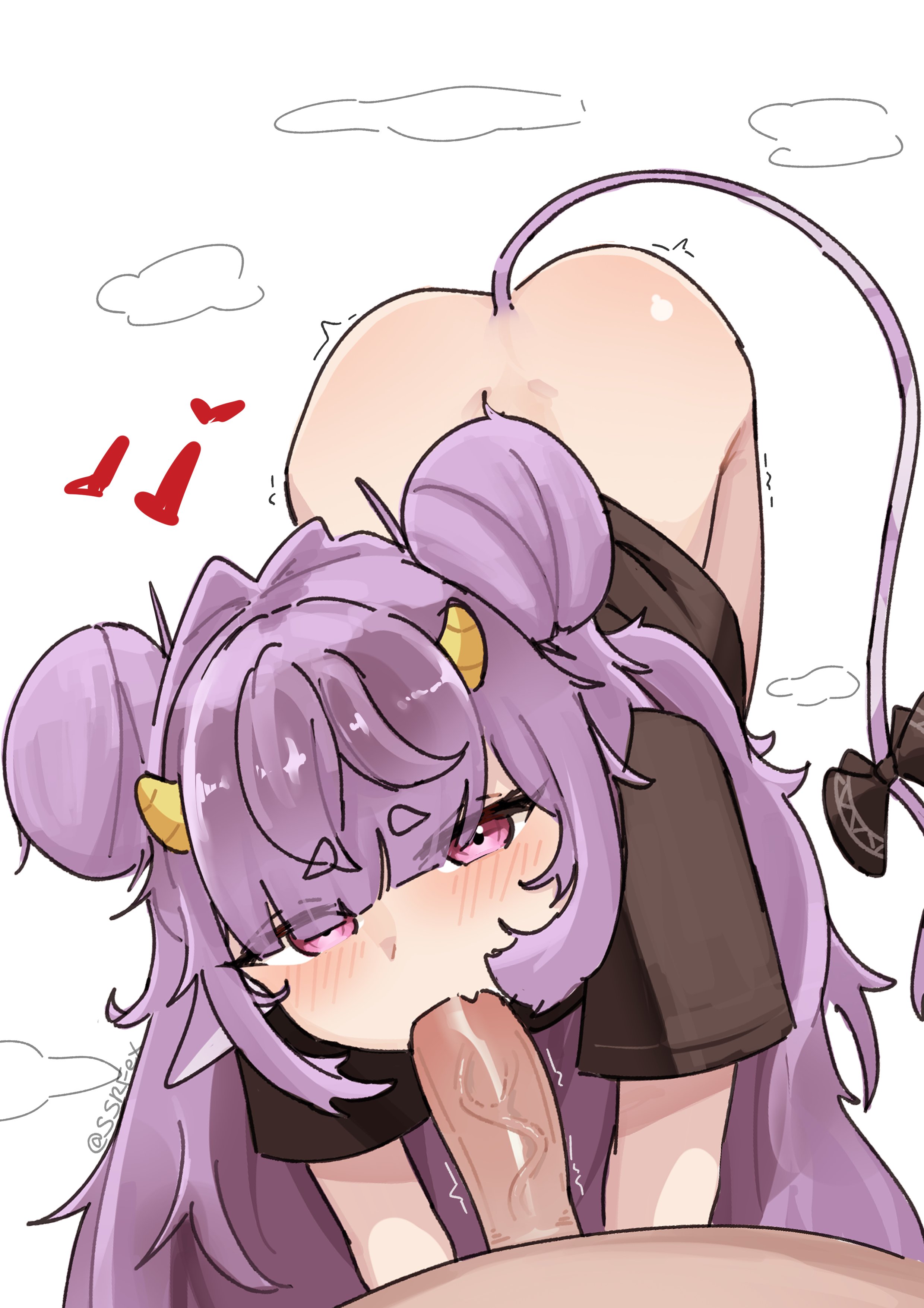 1boy, 1girls, absurdres, animal ears, black shirt, blush, bottomless, cow ears, cow girl, cow horns, cow tail, double bun, fellatio, female, from above, hair bun, heart, highres, horns, light skin, light-skinned female, light-skinned male, long hair, looking at viewer, muu muyu, oerba yun fang, oral, penis, phase connect, phase euphoria, pov, purple eyes, purple hair, ribbon, shirt, sidelocks, skin fang, ssrfex, steaming body, tail, tail ornament, tail ribbon, twitter username, veins, veiny penis, very long hair, virtual youtuber, vtuber, white background