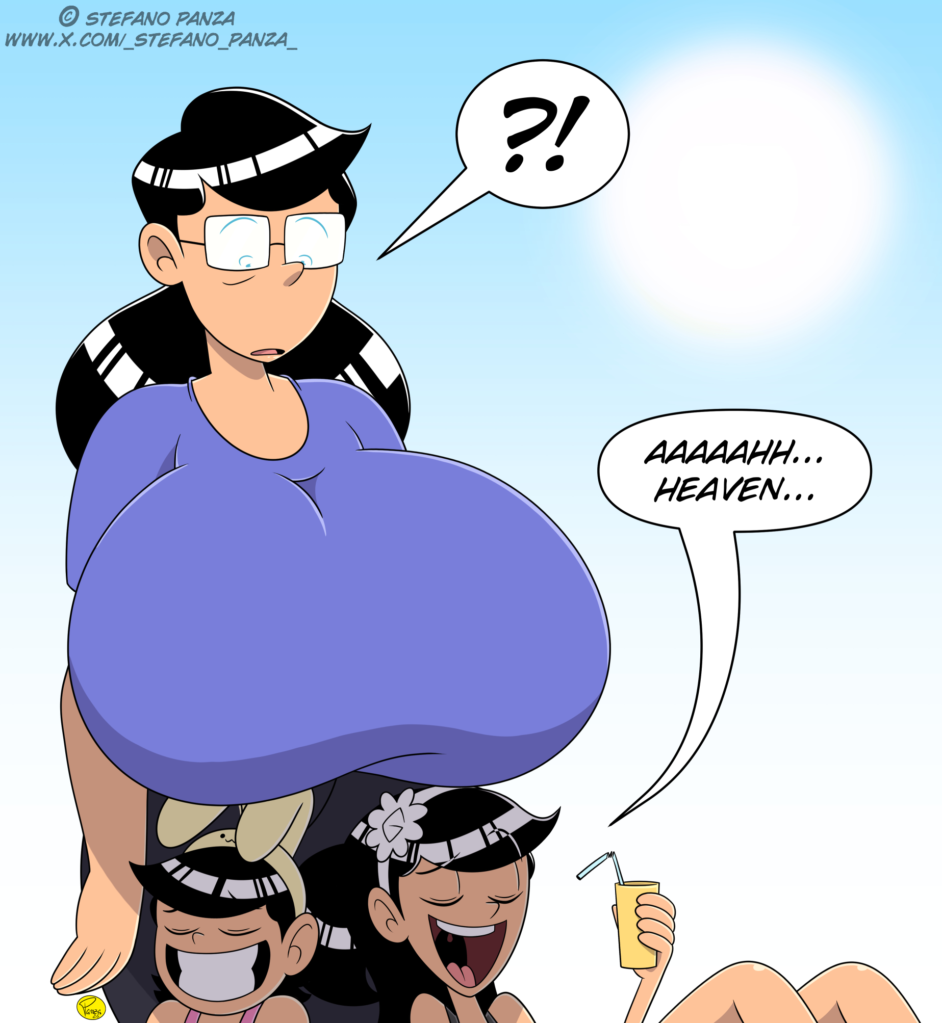 3girls, breast shadow, convenient breasts, gigantic breasts, glasses, ilpanza, maria gonzalez, maricela gonzalez, milf, open mouth, rosa gonzalez, rosebuds (comic), shadow, under breasts, uvula