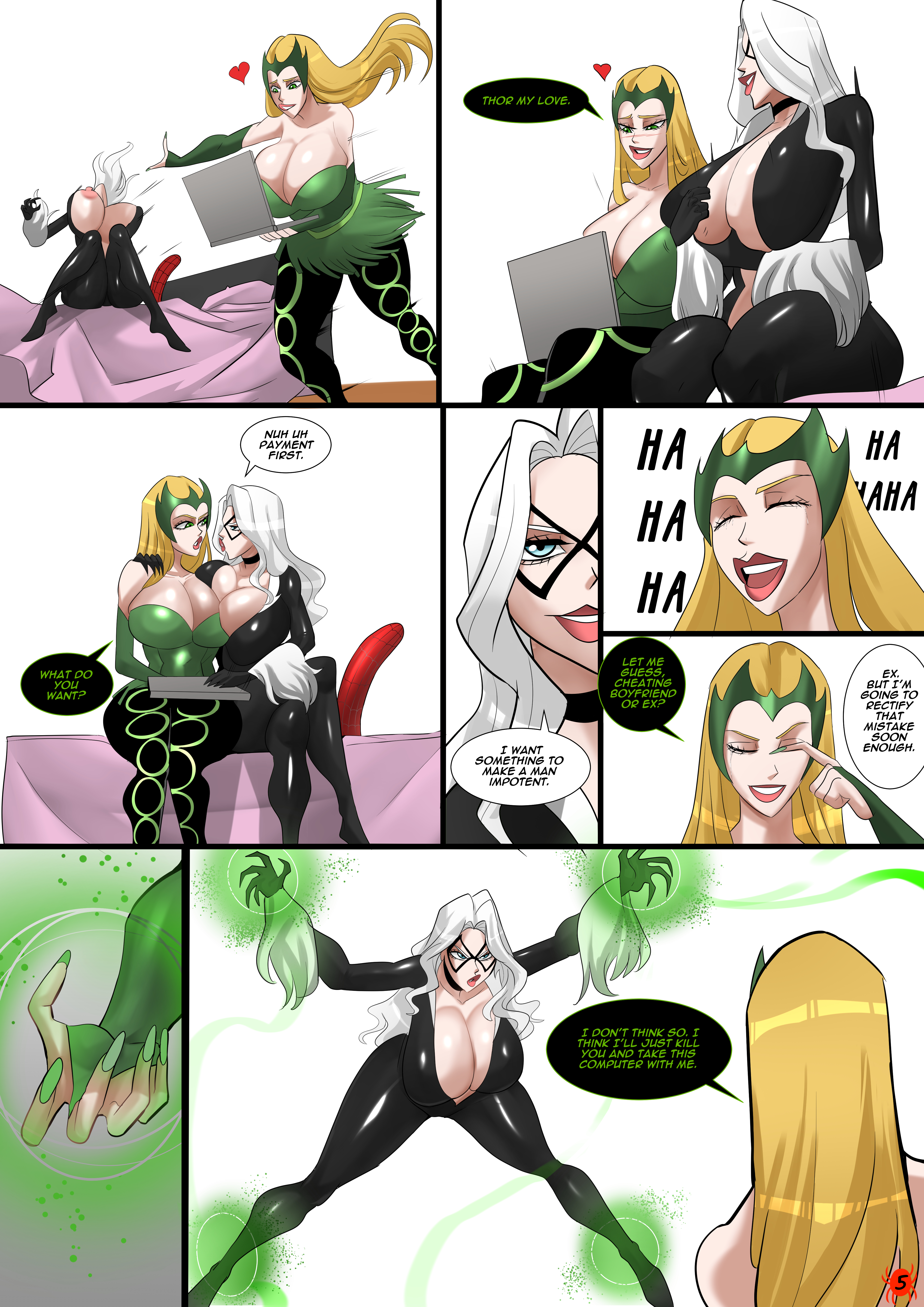 2girls, big ass, big breasts, black cat (marvel), blonde hair, blue eyes, bodysuit, comic, comic page, constrained, dildo, enchantress (amora), felicia hardy, female only, green eyes, hourglass figure, human, long hair, magic, marvel, marvel comics, spider-man (series), thick thighs, thor (series), venomarts00, white hair, zstorys22