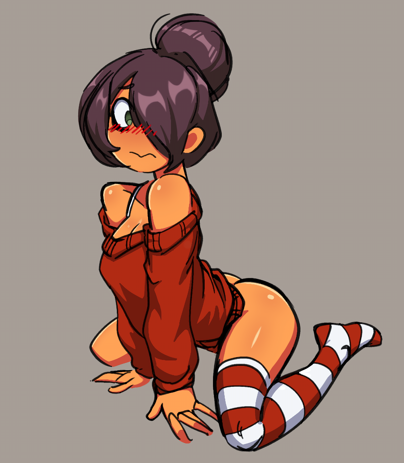 1female, 1girls, 2026, aged up, arched back, bags under eyes, big ass, big breasts, big butt, black hair, blush, blush lines, blush visible through hair, bottomless, collaboration, color, color edit, colored, colored sketch, dark skin, dark-skinned female, edit, edited, edited art, embarrassed, embarrassed female, exposed ass, eye bags, eyebrows visible through hair, fcyrah, female, female focus, female only, green eyes, hair bun, hair over one eye, maya schoppenboer, no panties, no underwear, one eye covered, one eye obstructed, ongezellig, partially clothed, sitting, sitting down, sitting on floor, southeast asian, striped clothing, striped legwear, striped thighhighs, sweater, tan, tan body, tan skin, tan-skinned female, tanned, tanned skin, teelokay (artist), thick, thick ass, thick butt, thick hips, thick legs, thick thighs, thigh socks, thighhighs, thighs, third-party edit, underwear, underwear only, wide hips, wide thighs