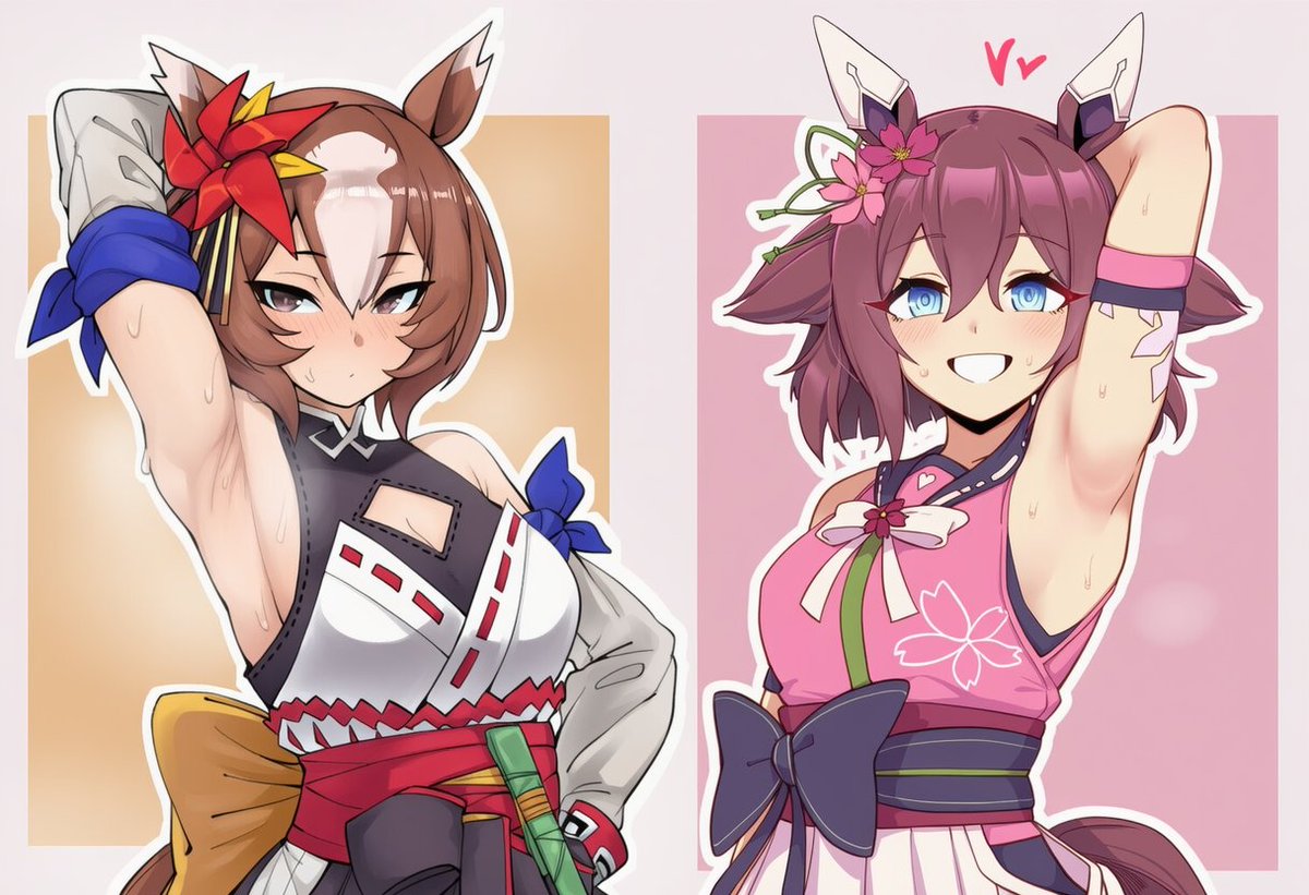 ai generated, armpits, blush, brown hair, heart, no sex, sakura chiyono o (umamusume), sloppingslurpie, smile, smile at viewer, sweat, tagme, umamusume, umamusume pretty derby, yaeno muteki (umamusume)
