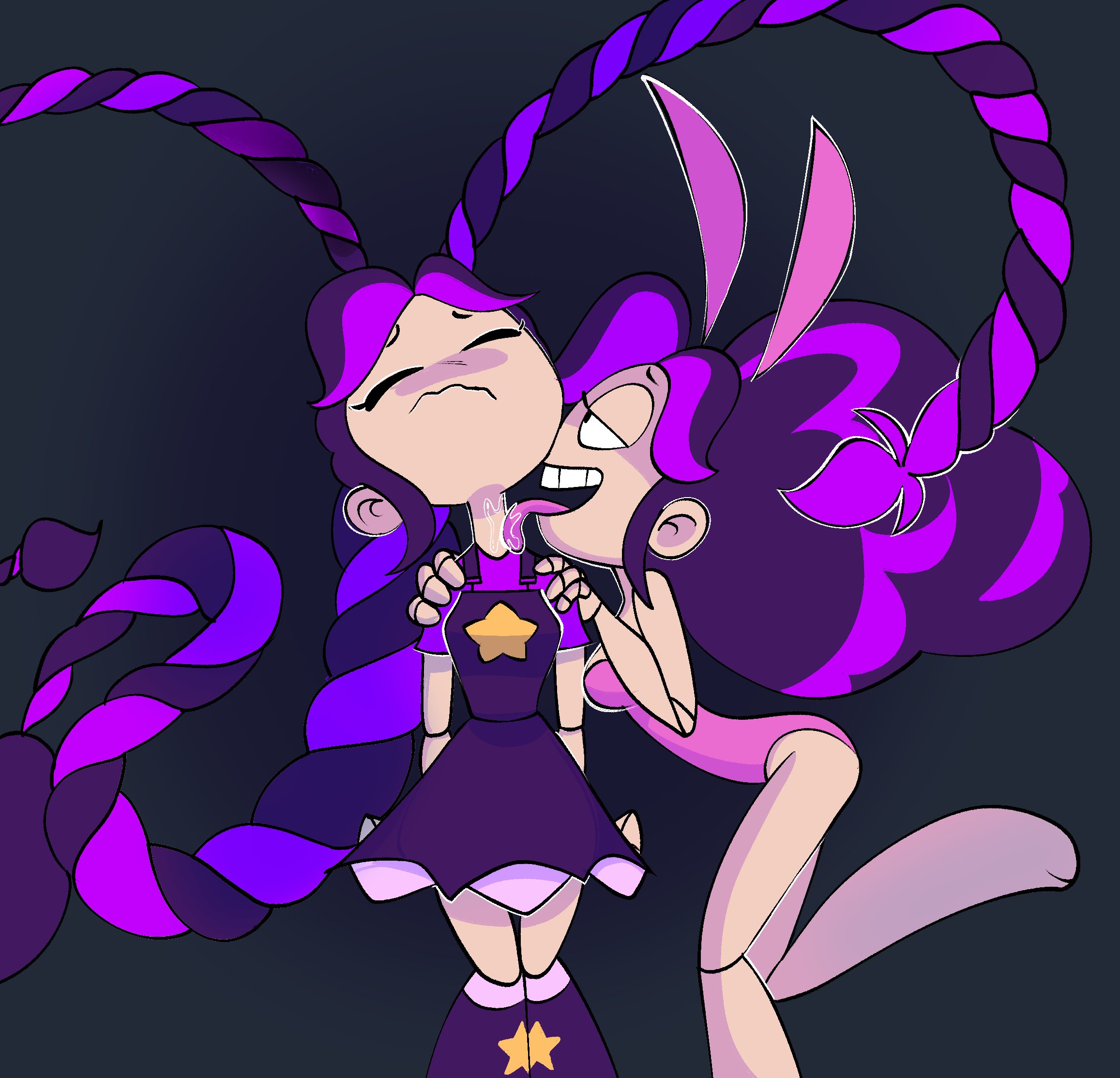 2girls, bunibelol, bunnysuit, licking neck, lily lovebraids, multicolored hair, poppy playtime, purple clothing, purple hair, selfcest