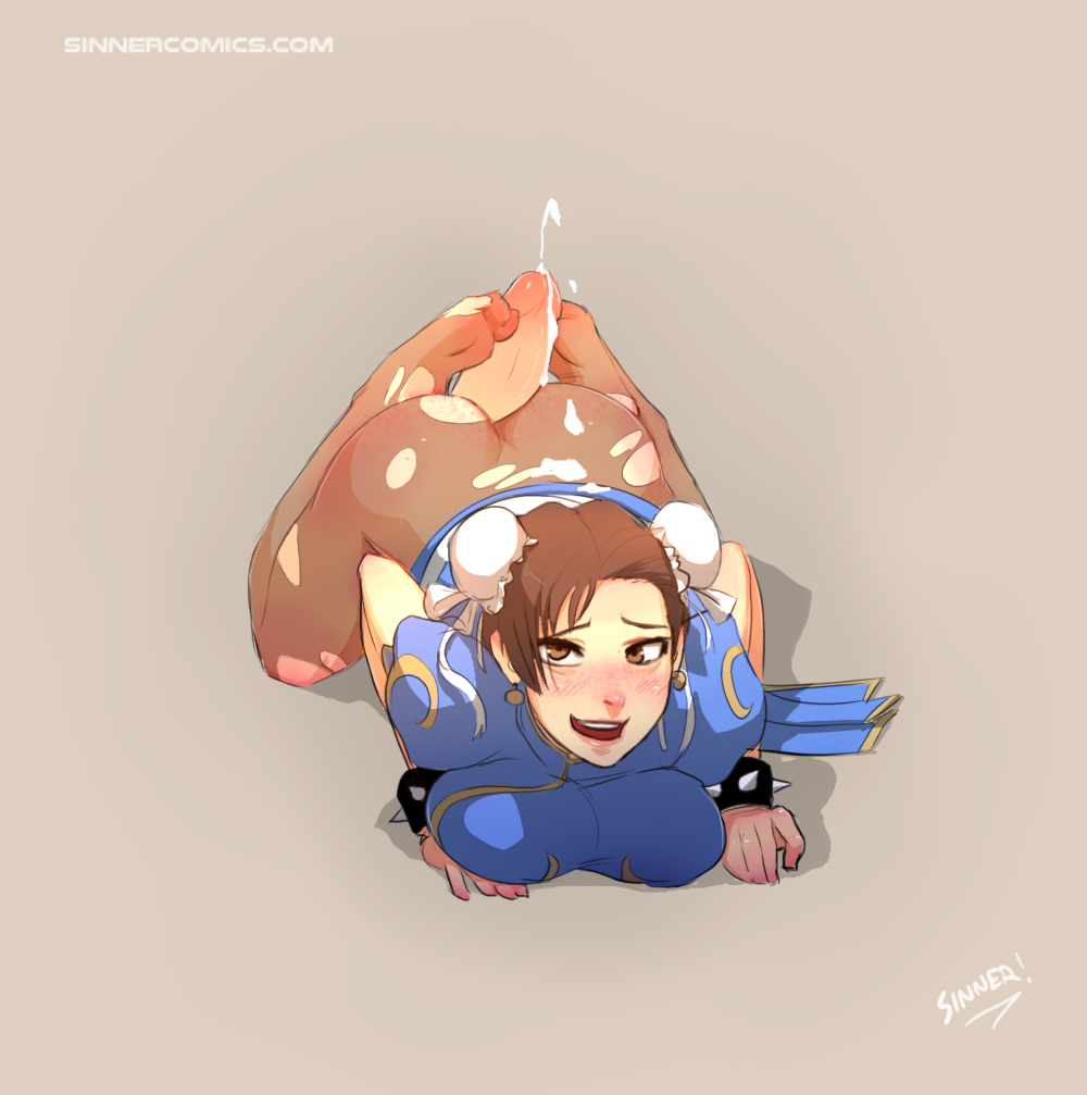 all fours, blush, breast press, breasts, chun-li, cum, cum on body, cum on lower body, disembodied penis, ejaculation, erection, feet, female, footjob, hair bun, male, open mouth, pantyhose, penis, sillygirl, sinner, street fighter, street fighter ii, tied hair, torn clothes, torn pantyhose