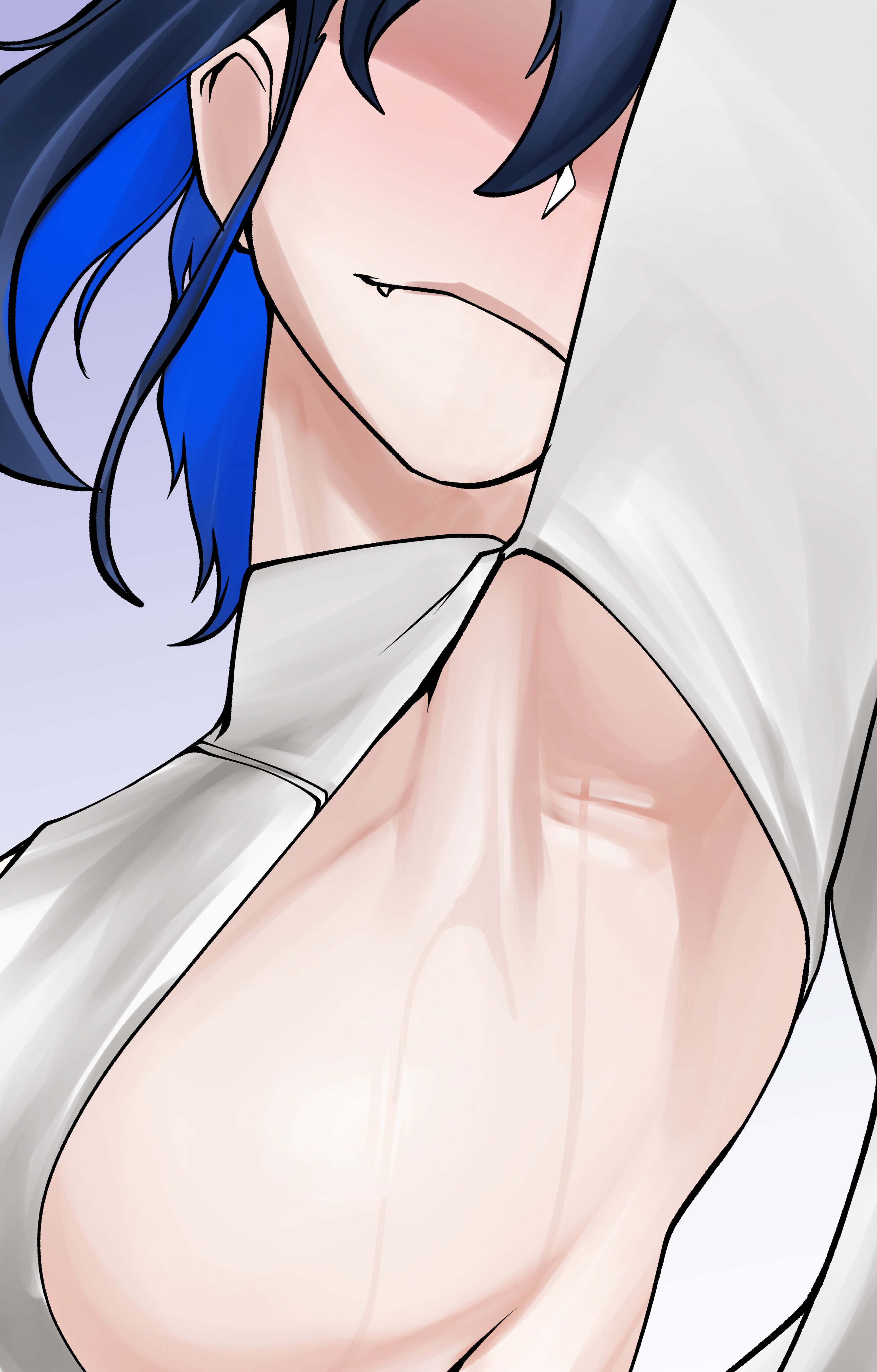 1girls, arm up, armpit, armpit fetish, armpits, blue hair, breasts, brothbowl, faceless female, fangs, female, female only, hololive, hololive english, hololive english -council-, hololive english -promise-, large breasts, ouro kronii, sideboob, solo, two-tone hair, virtual youtuber