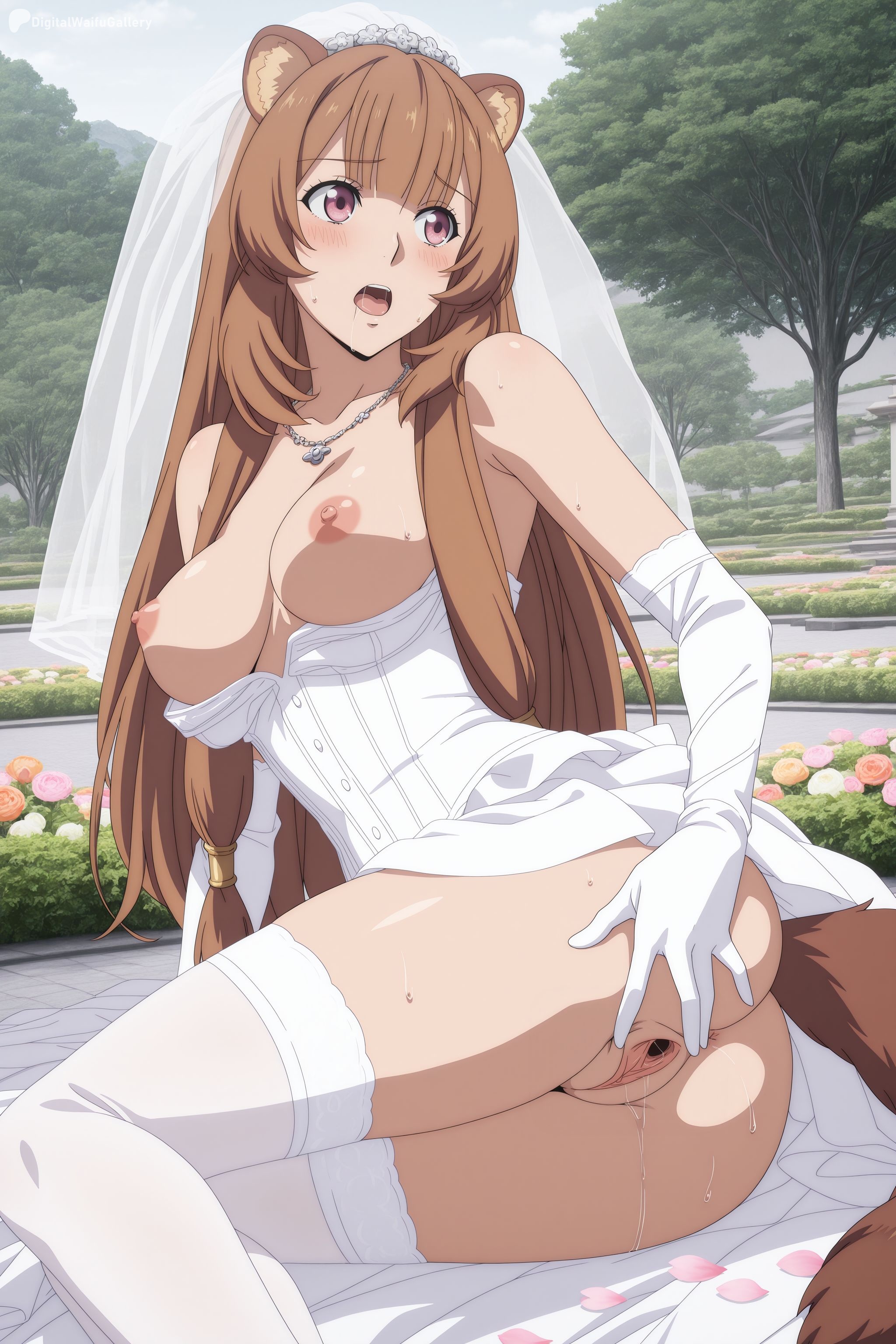 ai generated, animal ears, anus, ass, bangs, blush, breasts, breasts outside, brown hair, censored, day, digitalwaifugallery, elbow gloves, eyebrows visible through hair, female, female only, gloves, hi res, high quality, high resolution, long hair, looking at viewer, medium breasts, mosaic censoring, nipples, open mouth, outdoors, patreon, pussy, raccoon ears, raccoon girl, raccoon tail, raphtalia, seductive, sexy, solo, spread pussy, sweat, tail, tate no yuusha no nariagari, thighhighs, tree, uncensored, watermark, white legwear