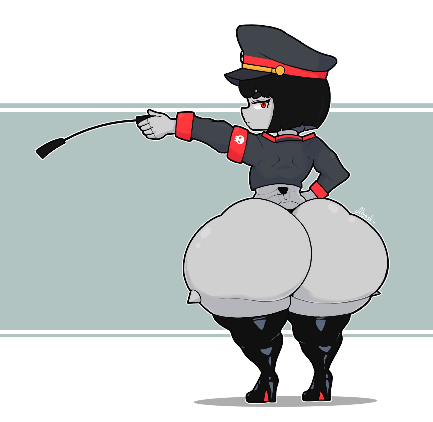 alyaska2201, armband, ass focus, authoritarian, big butt, big hips, black boots, black hair, black panties, blunt bangs, boots, bottom heavy, bottom heavy female, bubble ass, bubble butt, child bearing hips, cropped jacket, curvy, expressionless, female, female robot, flat chest, g-string, gigantic thighs, gloves, grey body, high heel boots, high heels, hourglass figure, huge hips, huge thighs, jiggle, jiggling ass, large hips, large thighs, latex boots, legwear, looking at viewer, looking back, machine, massive ass, midriff, military, military hat, military uniform, navel, panties, peaked cap, revealing clothes, robot, robot commander (bingbingzi), robot girl, robot symbol, sexy, short, short hair, shortstack, skimpy, skimpy outfit, slim waist, small breasts, stoic, string panties, thick thighs, thigh boots, thighhigh boots, thighs, thighs bigger than head, thunder thighs, tight clothes, uniform, voluptuous, voluptuous female, wide hips