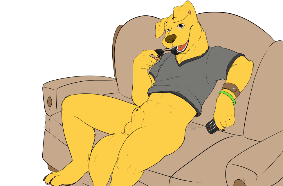 1boy animal_genitalia anthro balls bojack_horseman bottomless canine clothed clothing kaptcha male male_only mammal mr._peanutbutter sheath sofa solo