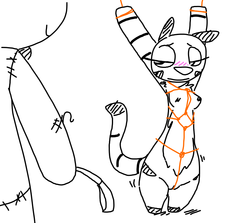 armpits blush bondage bound breasts feline female lagomorph male mammal mr._bun-bun ms._tiger nipples plushie pussy rabbit riding_crop rope rope_bondage rope_harness smile the_weaver tiger toybox_pals whip