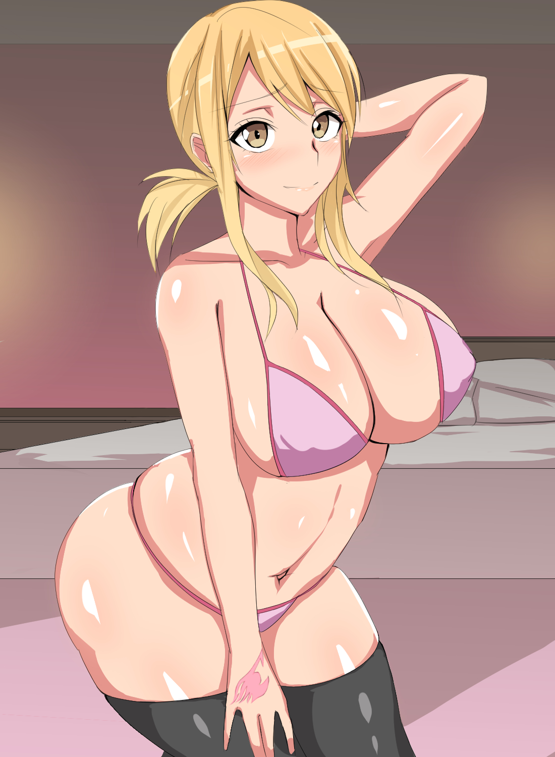 1girls, armpits, ass, big ass, bikini, bikini bottom, blonde hair, blonde-haired female, blush, breasts, brown eyes, erect nipples, fairy tail, fairy tail mark, female, female only, g-string, hand tattoo, large breasts, looking at viewer, lucy heartfilia, nipples, pink g-string, pink tattoo, samurai (movemusic), shiny skin, short hair, smile, solo, tattoo, tattoo on hand, tattooed hand, thighhighs, tied hair, twintails
