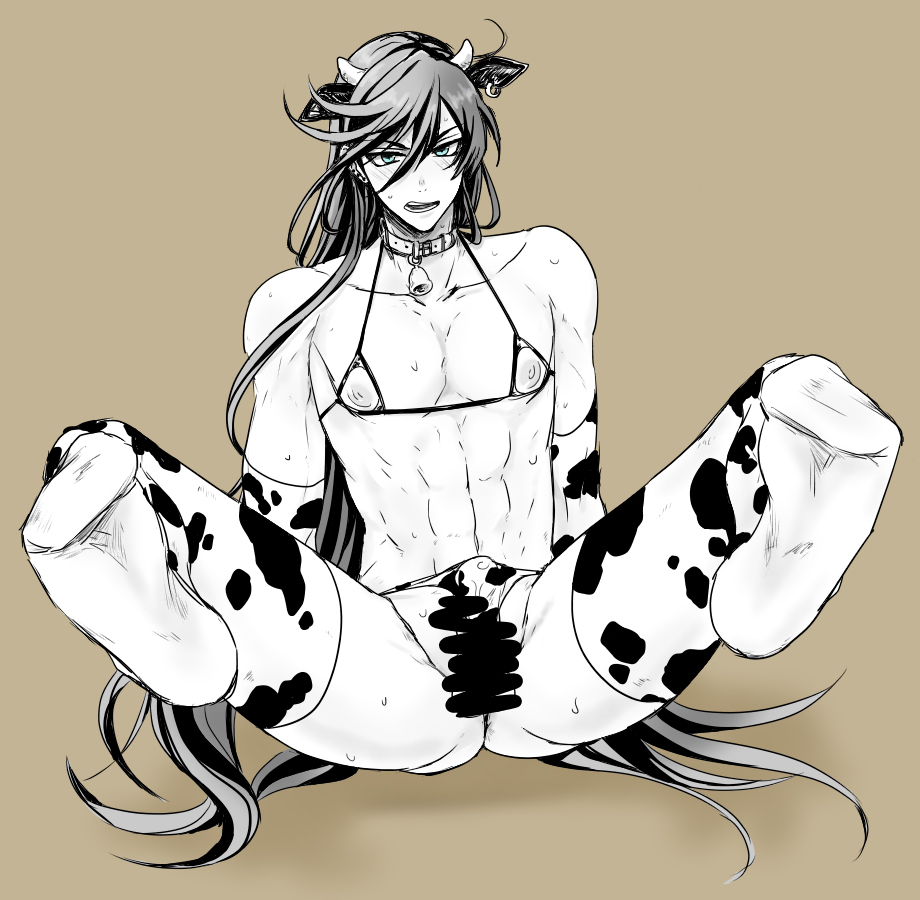 1boy abs animal_ears bikini bishonen boy_cow bulge costume erection izuminokami_kanesada long_hair long_hair_male looking_at_viewer male_only moo_bitch muscle penis socks solo touken_ranbu very_long_hair