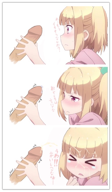 >_< 1boy blonde_hair blush clothing comic cum facial female handjob iijima_yun new_game! penis red_eyes translation_request