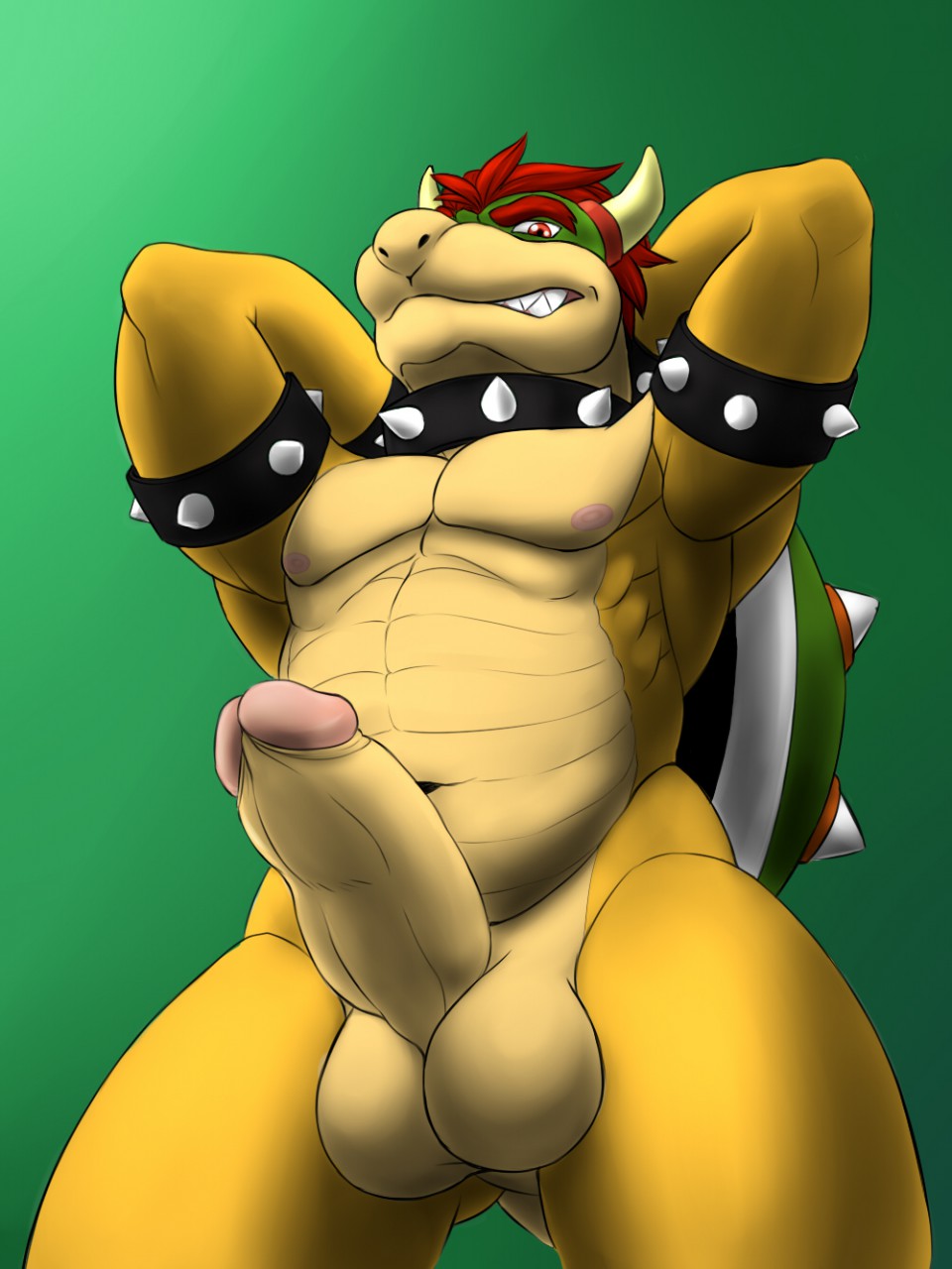 1boy anthro arms_behind_head arms_up bowser dragon erection green_background humanoid_penis looking_at_viewer male male_only mario_(series) nameless00 nintendo penis scalie simple_background solo standing testicles