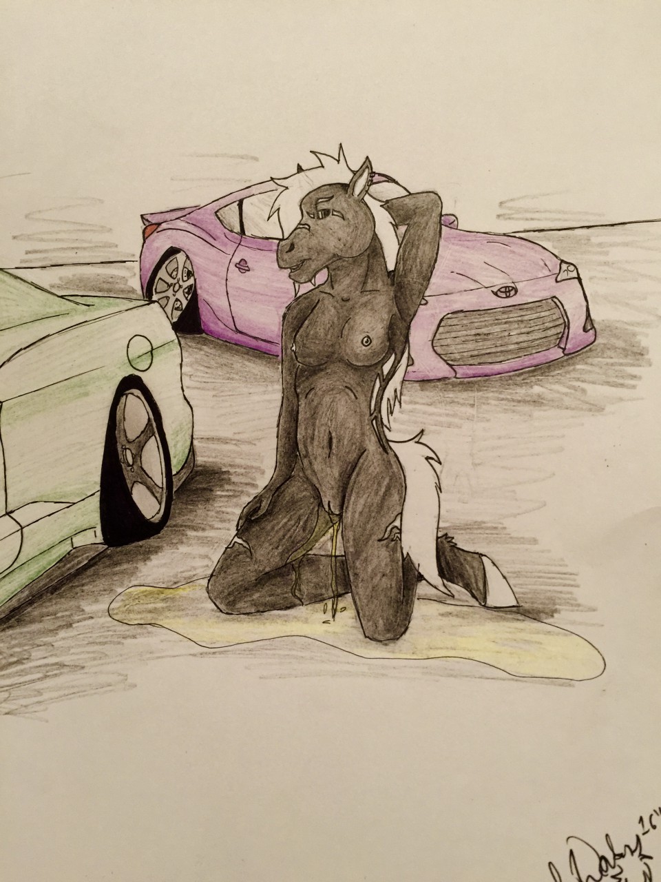 1girls anthro armpits black_fur bossman1969 breasts car clitoris equine female ford_mustang fur furry hair hand_behind_back hooves horse kneeling long_hair looking_at_viewer mammal nude peeing pussy scar small_breasts solo text toyota_gt86 urine vehicle wet white_hair